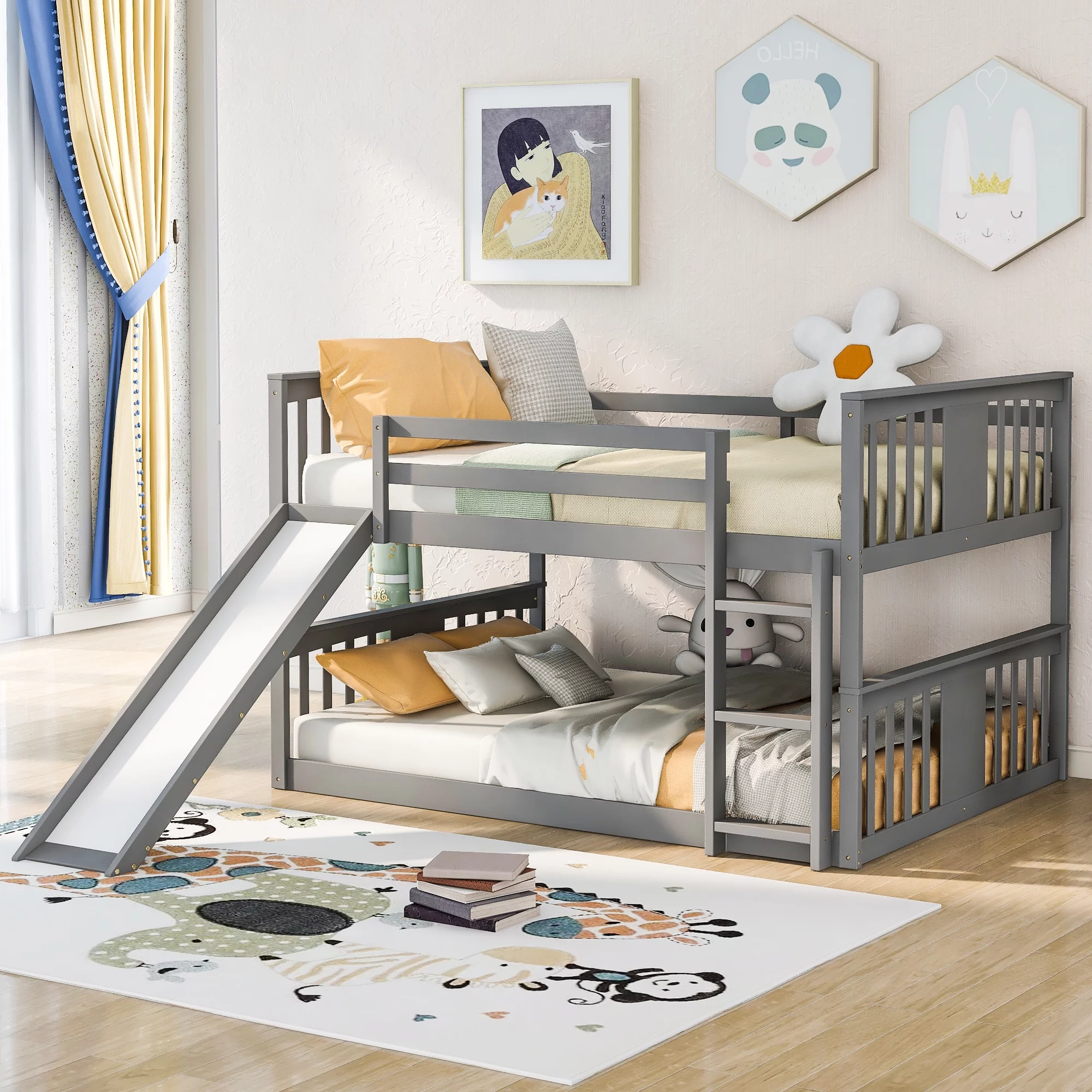 CHURANTY Full Over Full Bunk Bed Frame with Slide and Built-in Ladder, Wood Low Bunk Bed for Teens and Adults, Bedroom Furniture, No Spring Box Needed