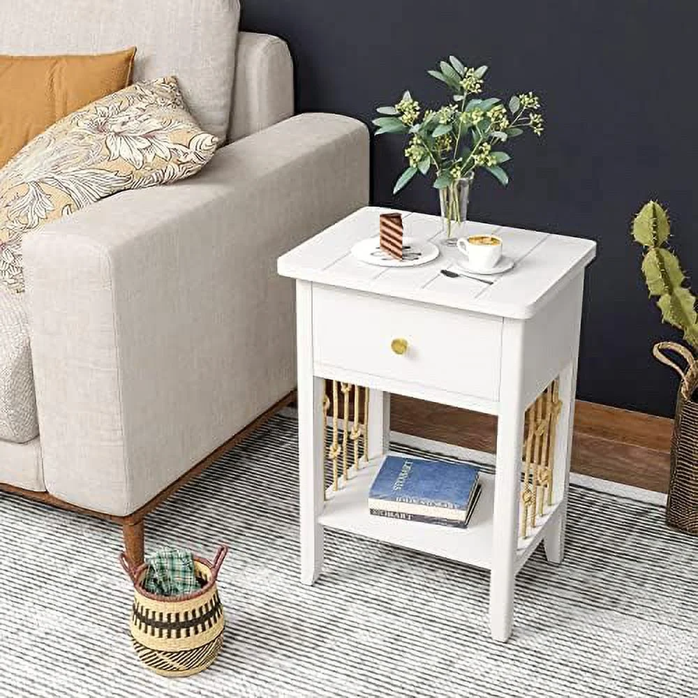 NLTBONNIE End Table with Shelves Sets of 2  2 Pieces Bedside Table Sets  2 Tier  Wooden Small   Accent Table Nightstand with Real Hemp Rope for Living Room  Bedroom