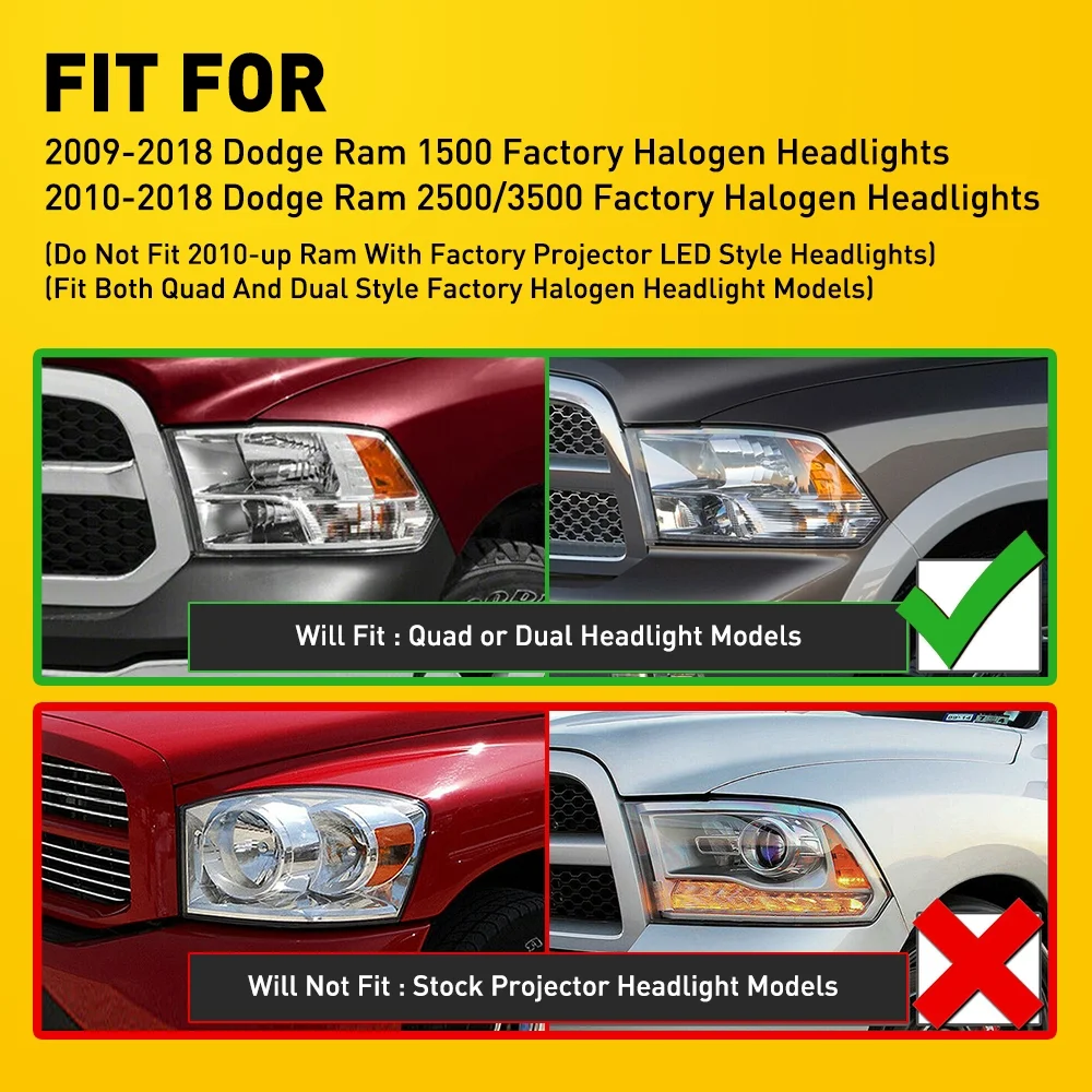 Headlight Assembly 2009-2018 Dodge Ram Quad 1500 2500 3500 Pickup Replacement Headlamp Black Housing Clear Lens