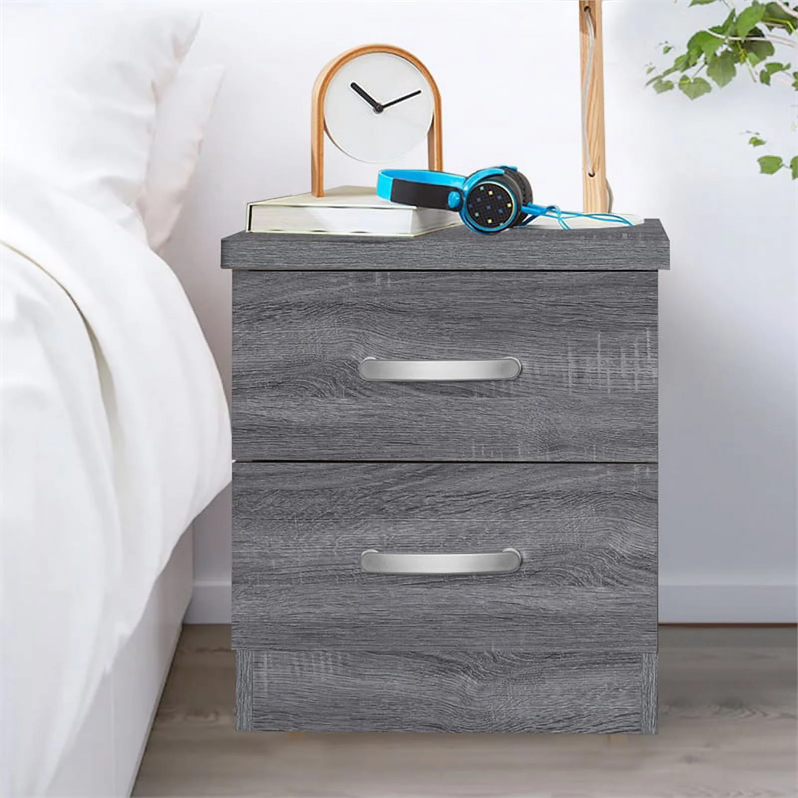 Home Square Faux Wood 2 Drawer Nightstand in Gray Finish - Set of 2