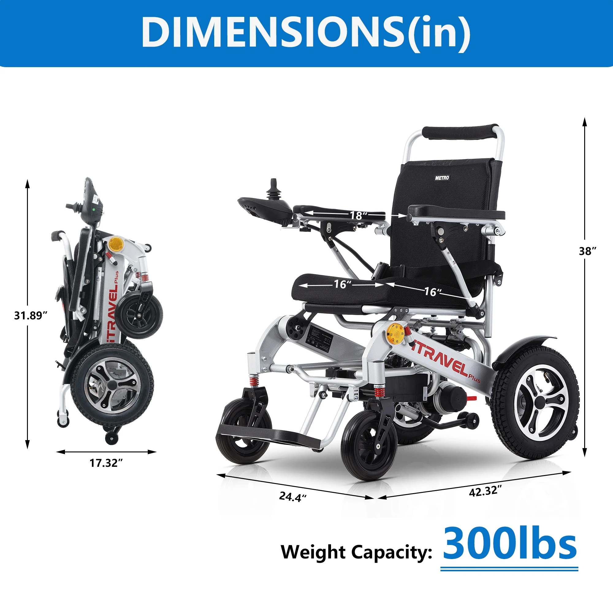 Foldable Electric Wheelchairs, HSUNNS Mobility Powered Wheelchair for Seniors, with 16in Wide Seat | 15 Miles | 20Ah Battery Capacity | 300lbs Weight Capacity | 12'' Pneumatic Tires for All Terrain