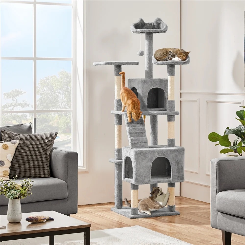 Yaheetech 72'' Height Multi Level Cat Tree with 2 Cozy Condos & Scratching Post,Light Gray