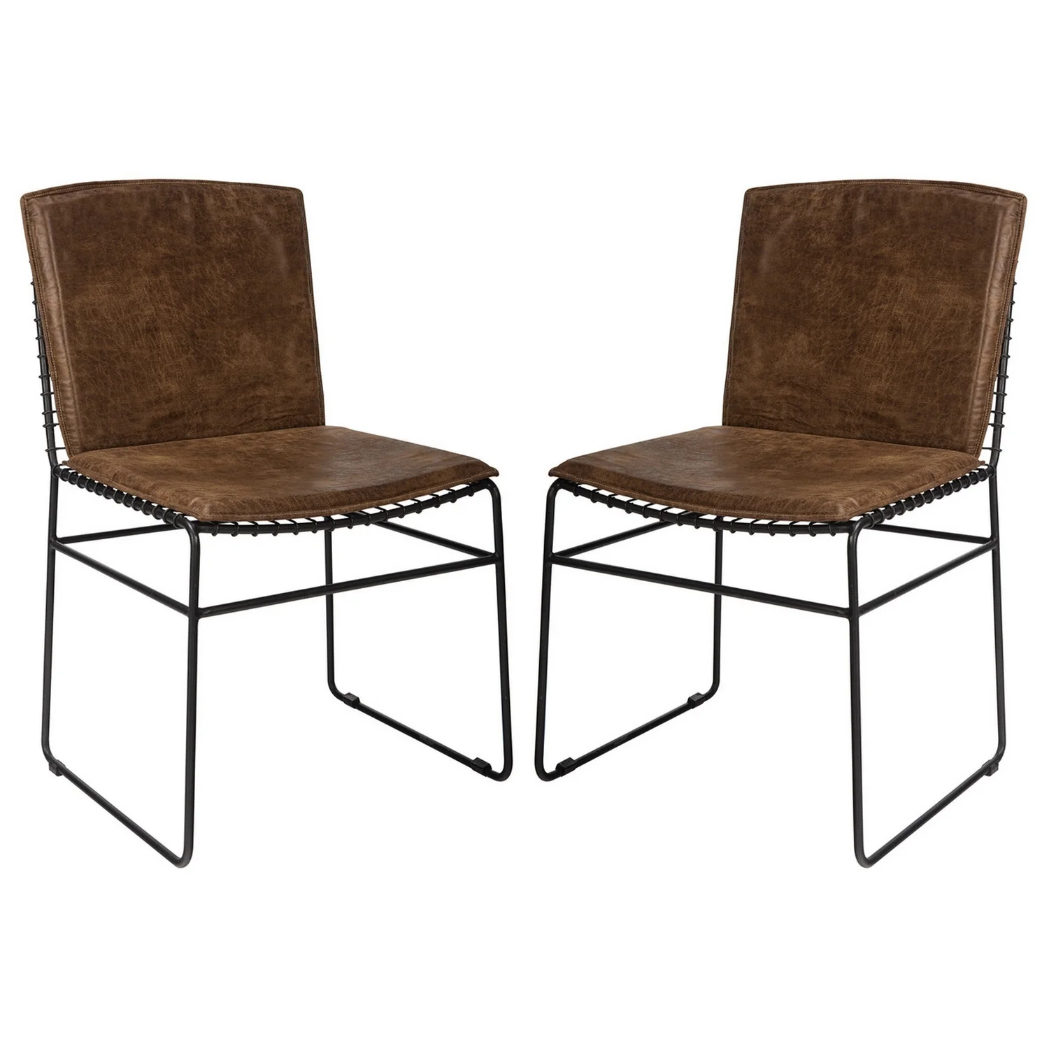 Benjara Grid Metal Leatherette Side Chairs with Sled Base, Set of 2, Brown and Black