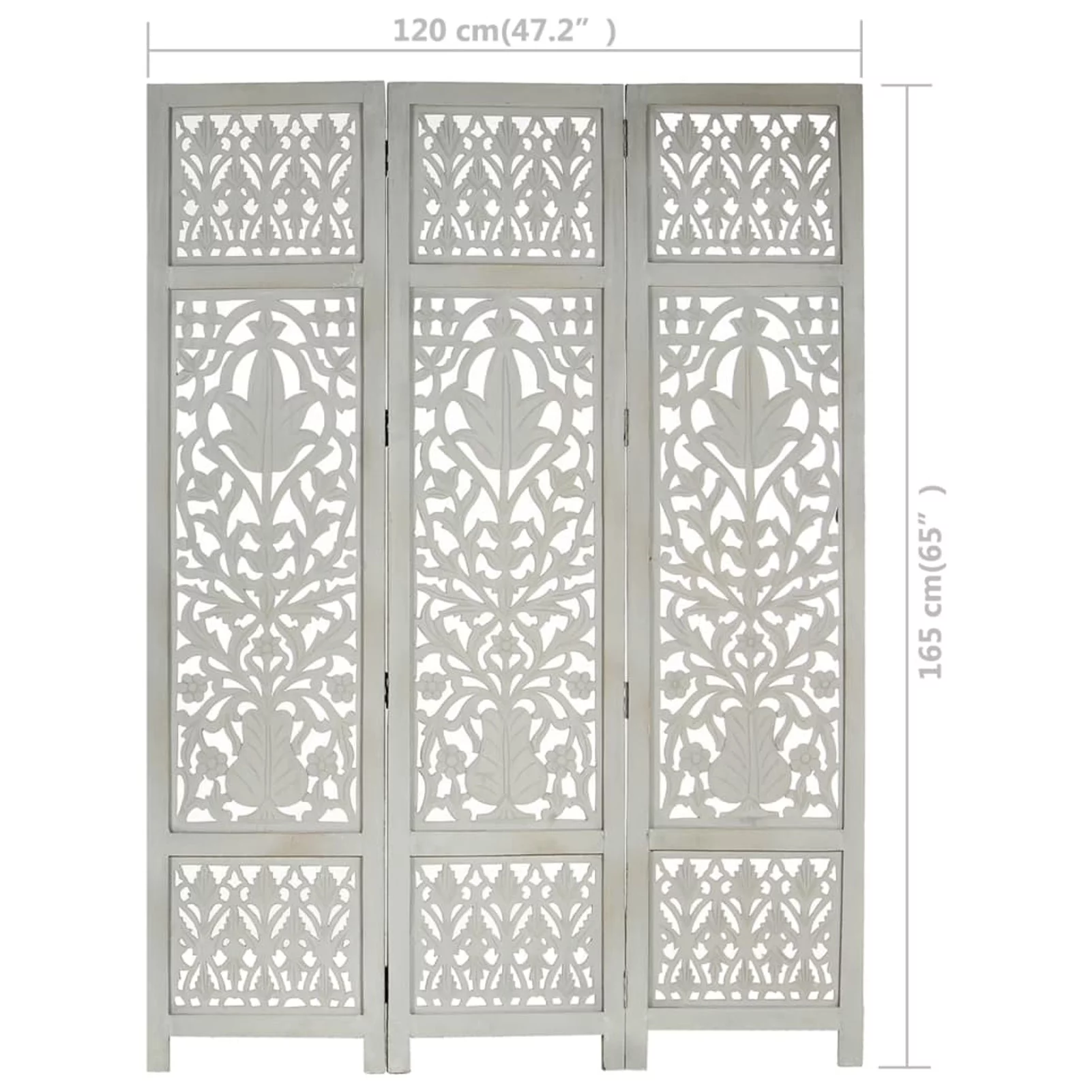 Uteam 3-Panel Room Divider Hand Carved Solid Mango Wood Gray 47.2x65