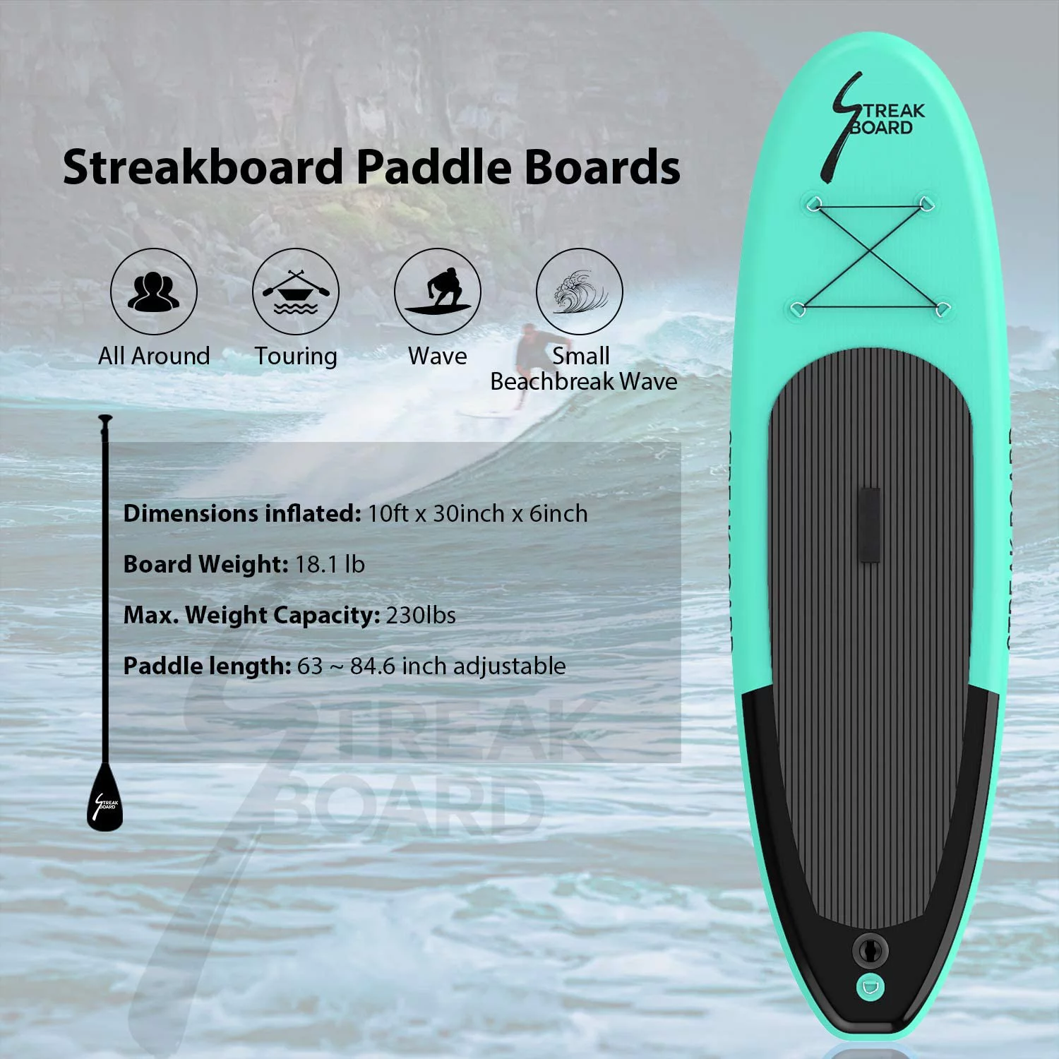 Increkid 10FT Inflatable Stand up Paddle Board with Pump, Backpack, Leash, Non-Slip Deck