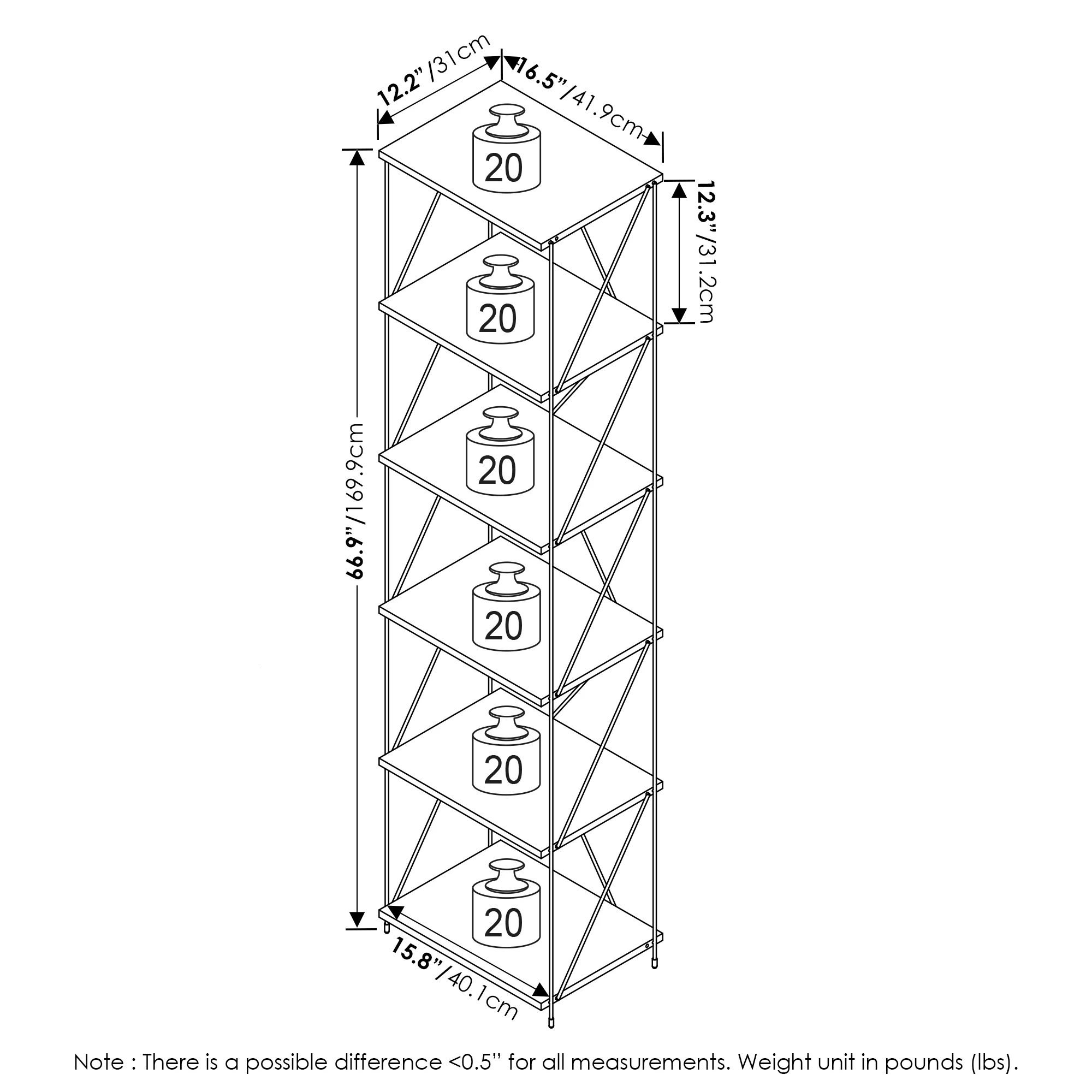 Furinno Besi 6-Tier Industrial Multipurpose Shelf Display Rack with Metal Frame, Narrow, Finn Oak