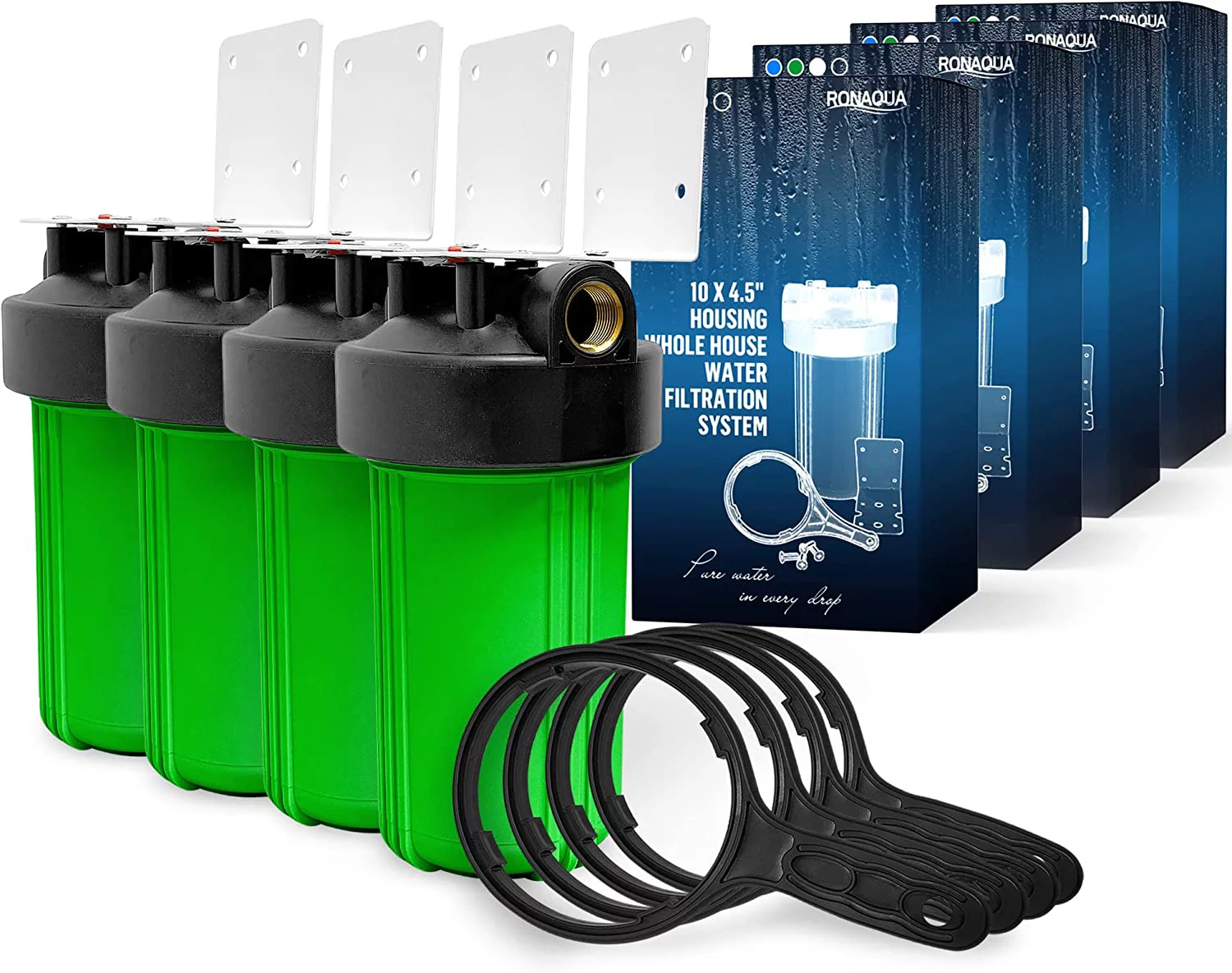 High Capacity 10 x 4.5” Whole House Filter Purifier System for Well or City Water, Presser Relief Button, 1” NPT Brass Port, Double O-ring, Meets NSF Standards & Regulations (Green, 4 Sets)