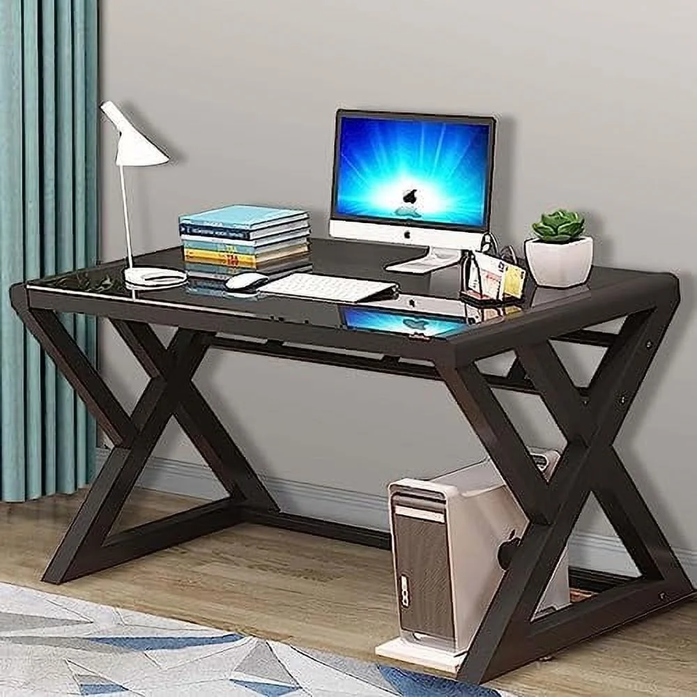 SJOPKMN Computer Desk Glass Top and Metal Frame  Desk Table for Computer Desk Gaming Modern Study Office Work Writing Desks Table for Home Office  White (55.1 inch)