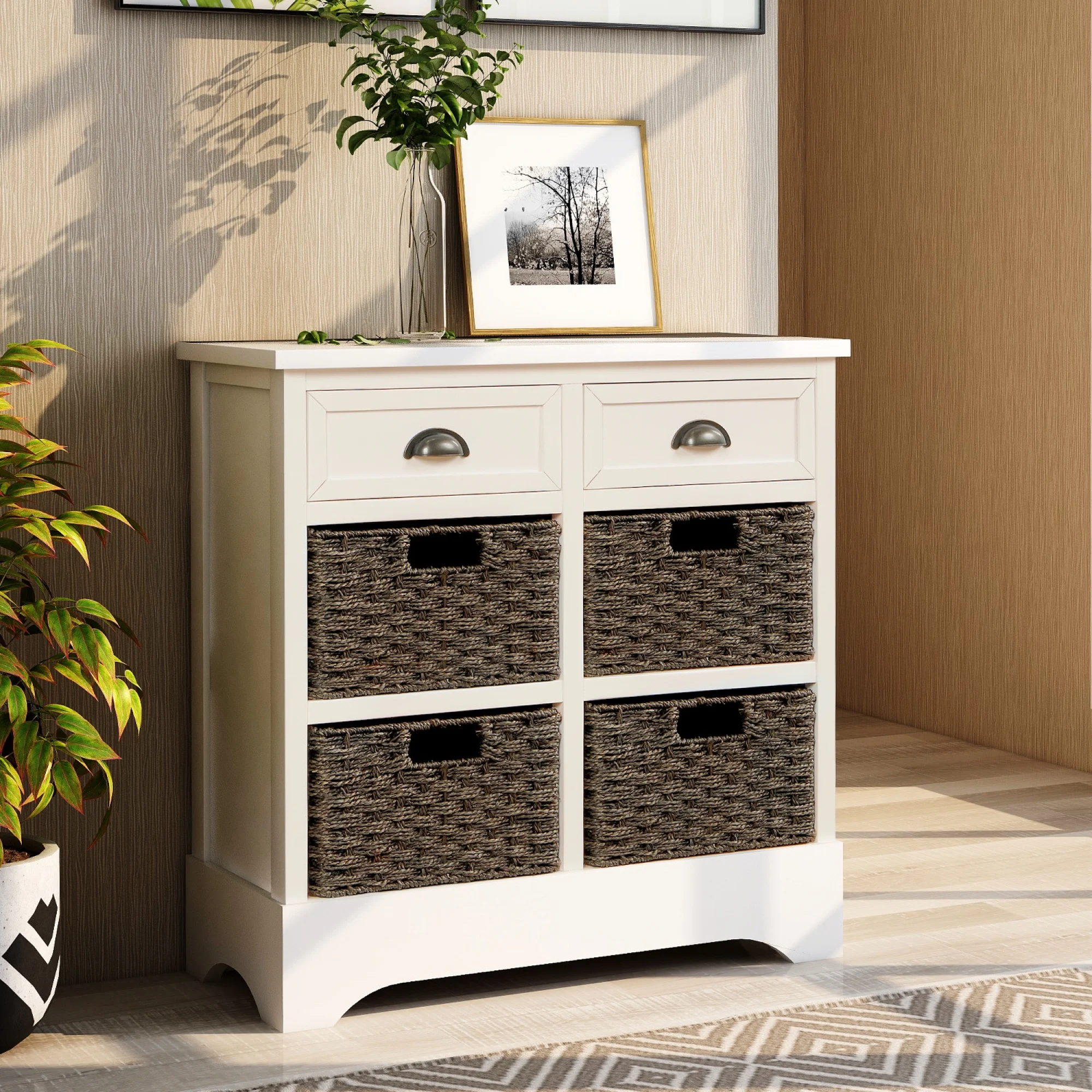 Dawn Whisper Rustic Storage Cabinet with Two Drawers and Four Classic Fabric Basket, White