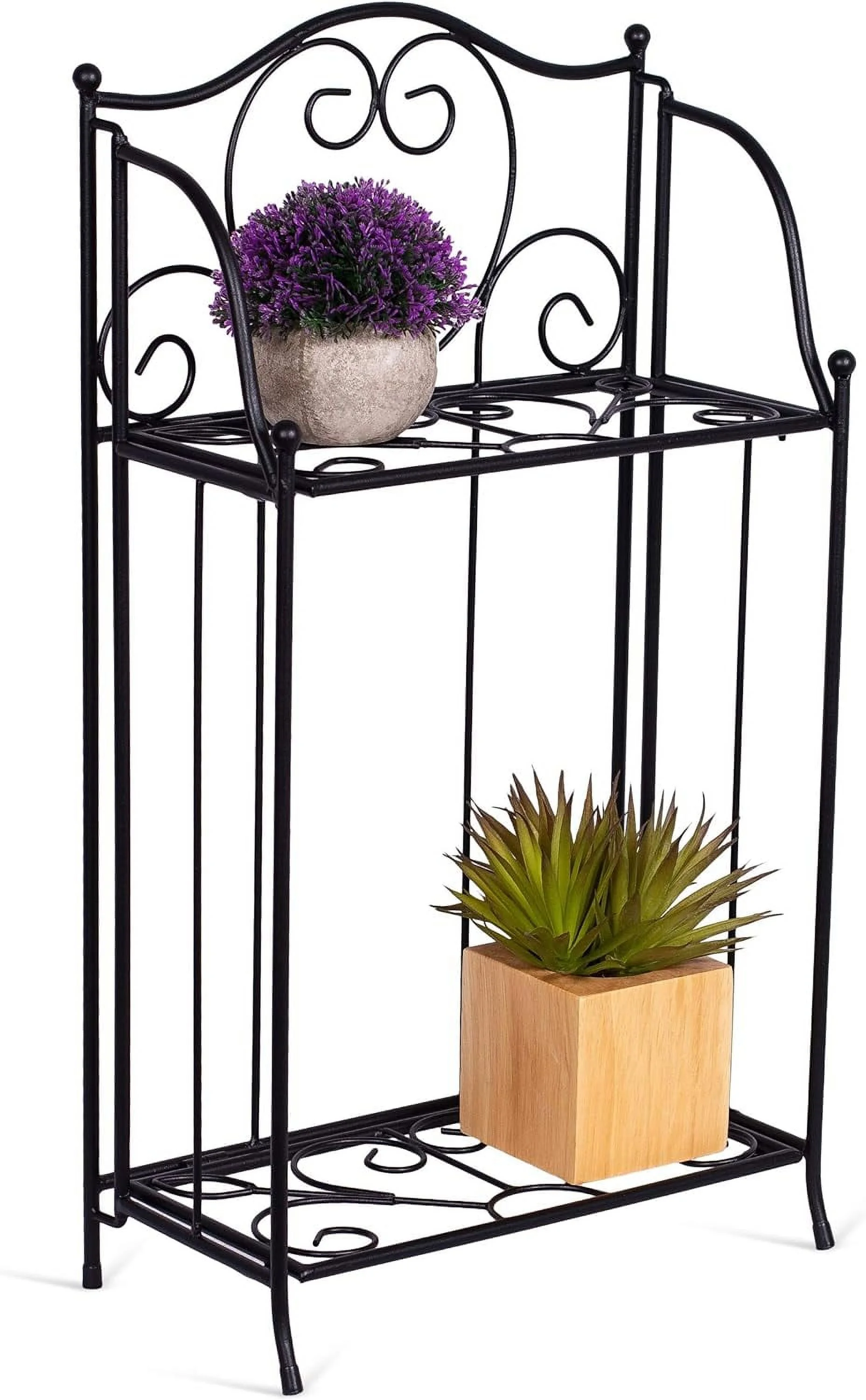 Metal Tiny Plant Stand Shelf - Decorative Mediterranean Scroll Design - Lightweight Folding - Black Metal Holder Rack - Indoor Or Outdoor Use - Great For Small Spaces - Small