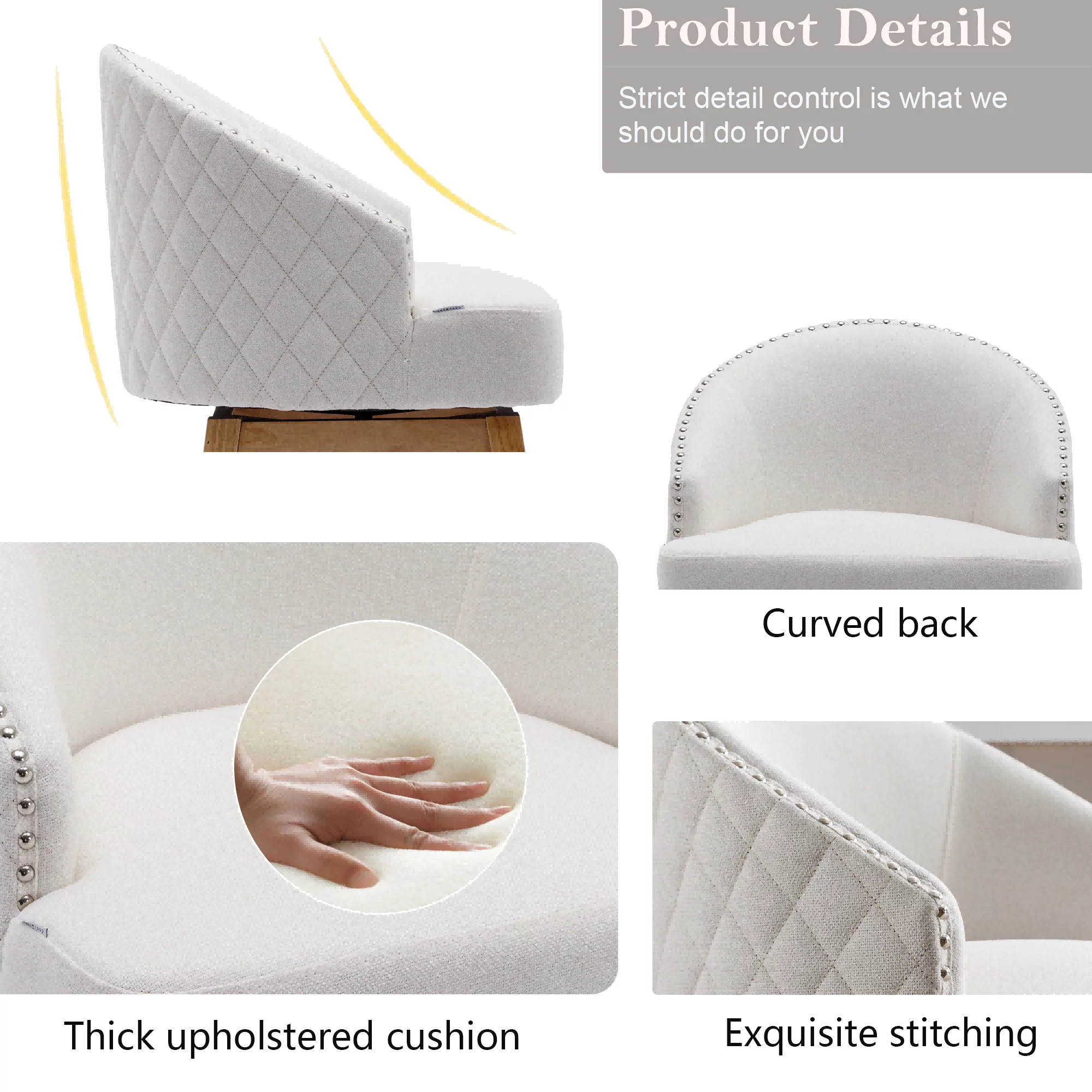 360 Degree Swivel Bar Stools, Counter Height Barstools, Modern Upholstered Bar Stools with Nailhead Trim Bar Chairs, 27 Inch Kitchen Island Bar Chair, Solid Wood Legs(Beige Linen,Set of 8)