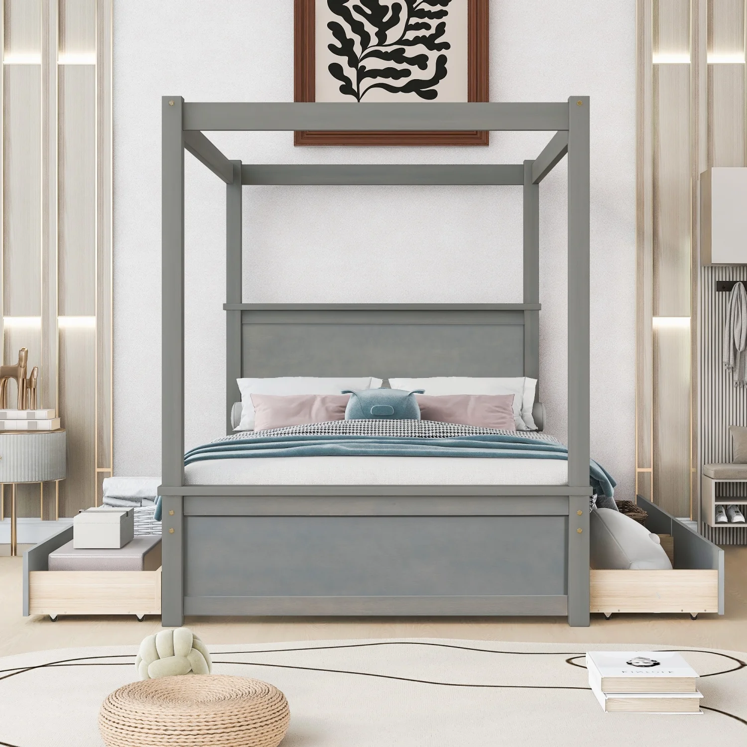 Wood Canopy Bed with four Drawers  Full Size Canopy Platform Bed With Support Slats .No Box Spring Needed  Brushed Gray
