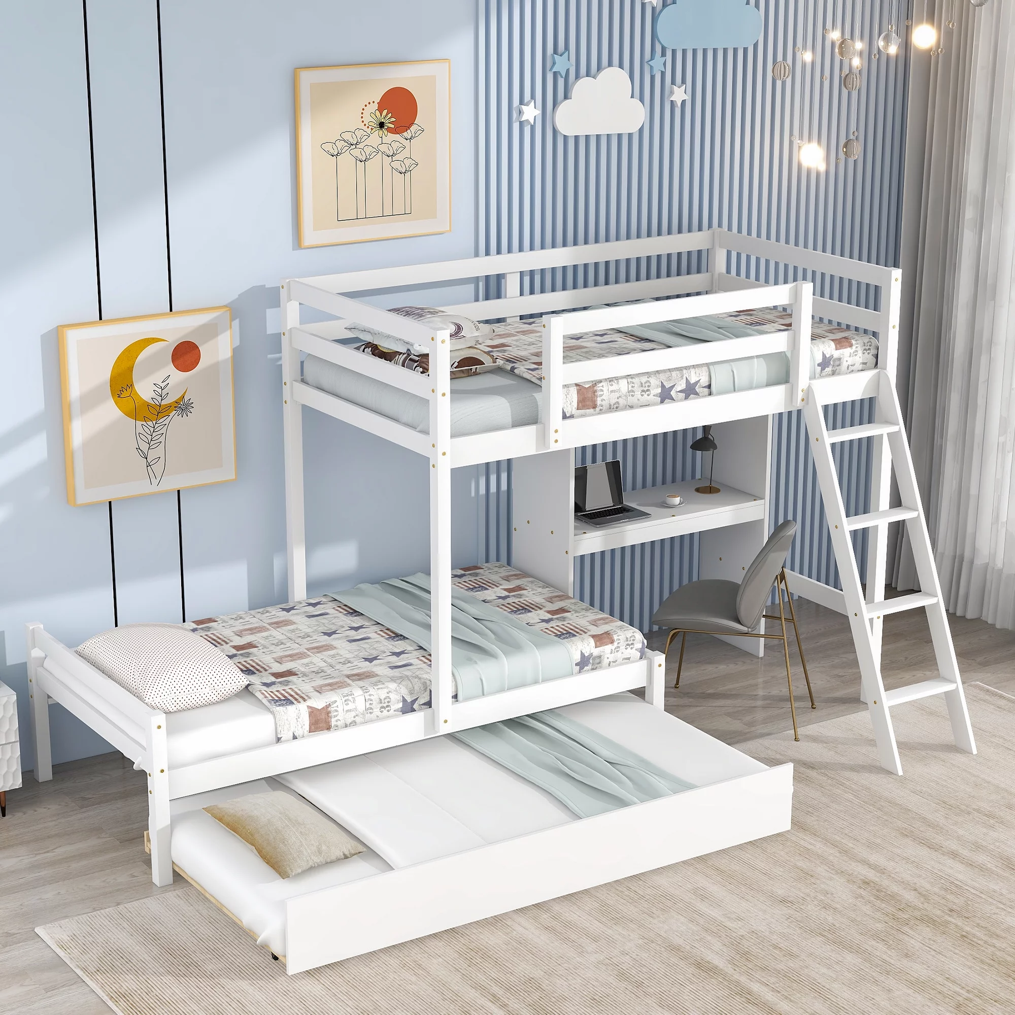 EUROCO Twin over Twin Bunk Bed with Desk and Trundle for Kids, White
