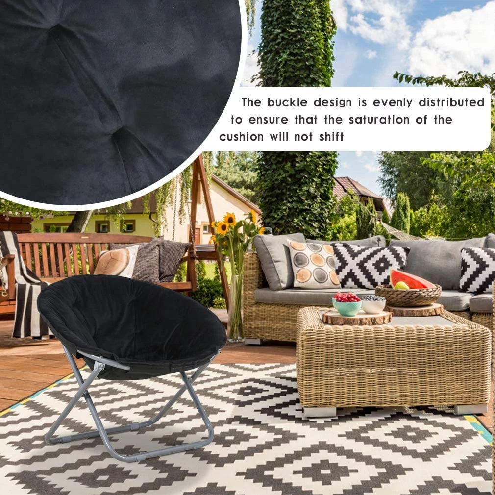 NiamVelo Saucer Chair Moon Chair for Bedroom, Foldable Chair Faux Fur Saucer Chair Soft Lounge Chair with Collapsible Metal Frame, Black Upgraded