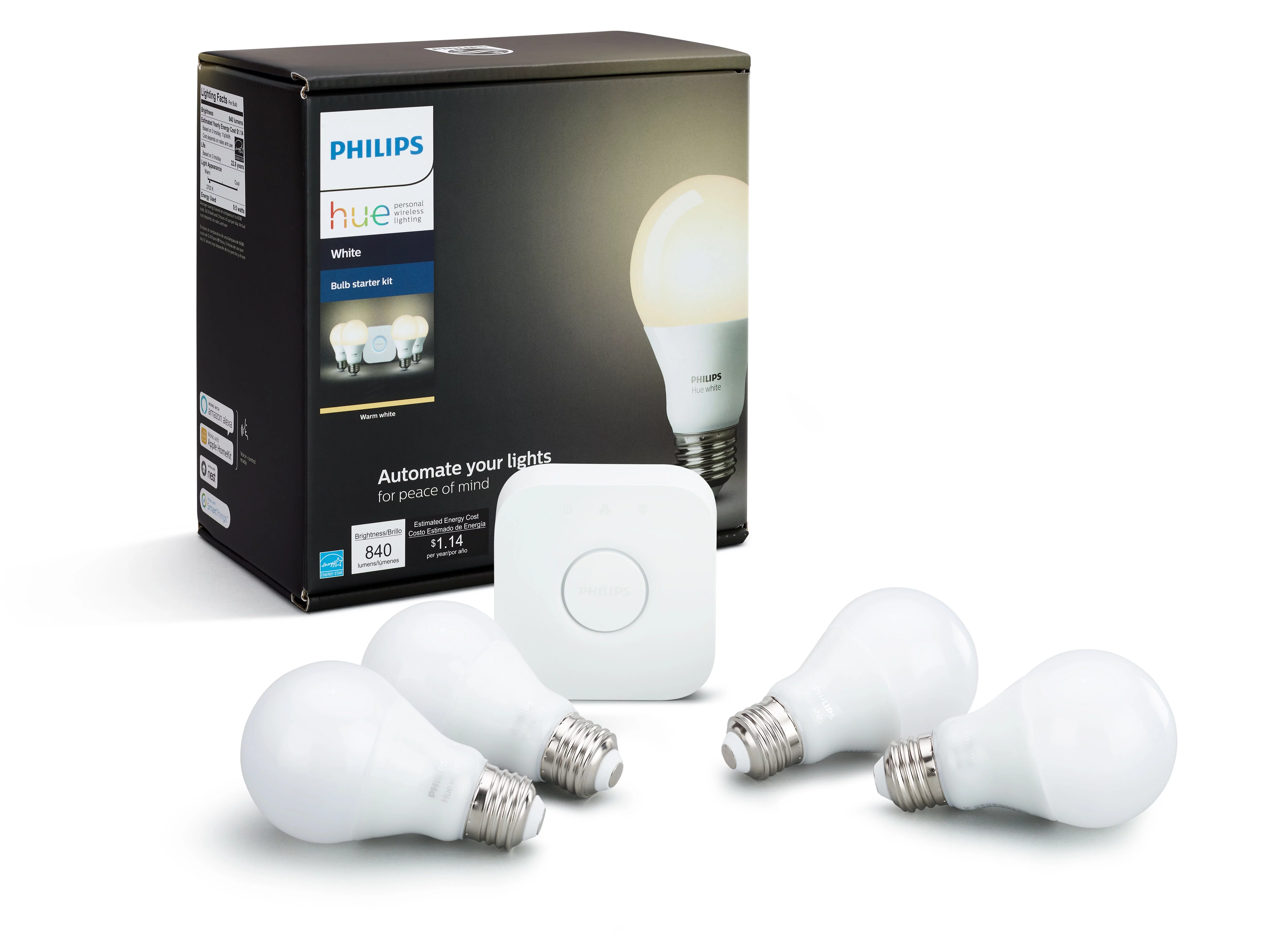 Philips Hue White A19 Smart Light Starter Kit, 60W LED, 4-Pack
