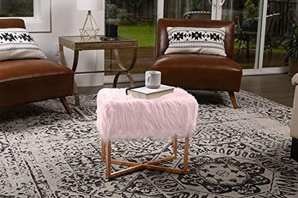 CGFHYP Rectangular White Faux Fur Foot Stool Ottoman with Gold Legs - Vanity Chair - Soft Compact Padded Seat - Bedroom and  Room Chair - Metal - Fluffy  Seat