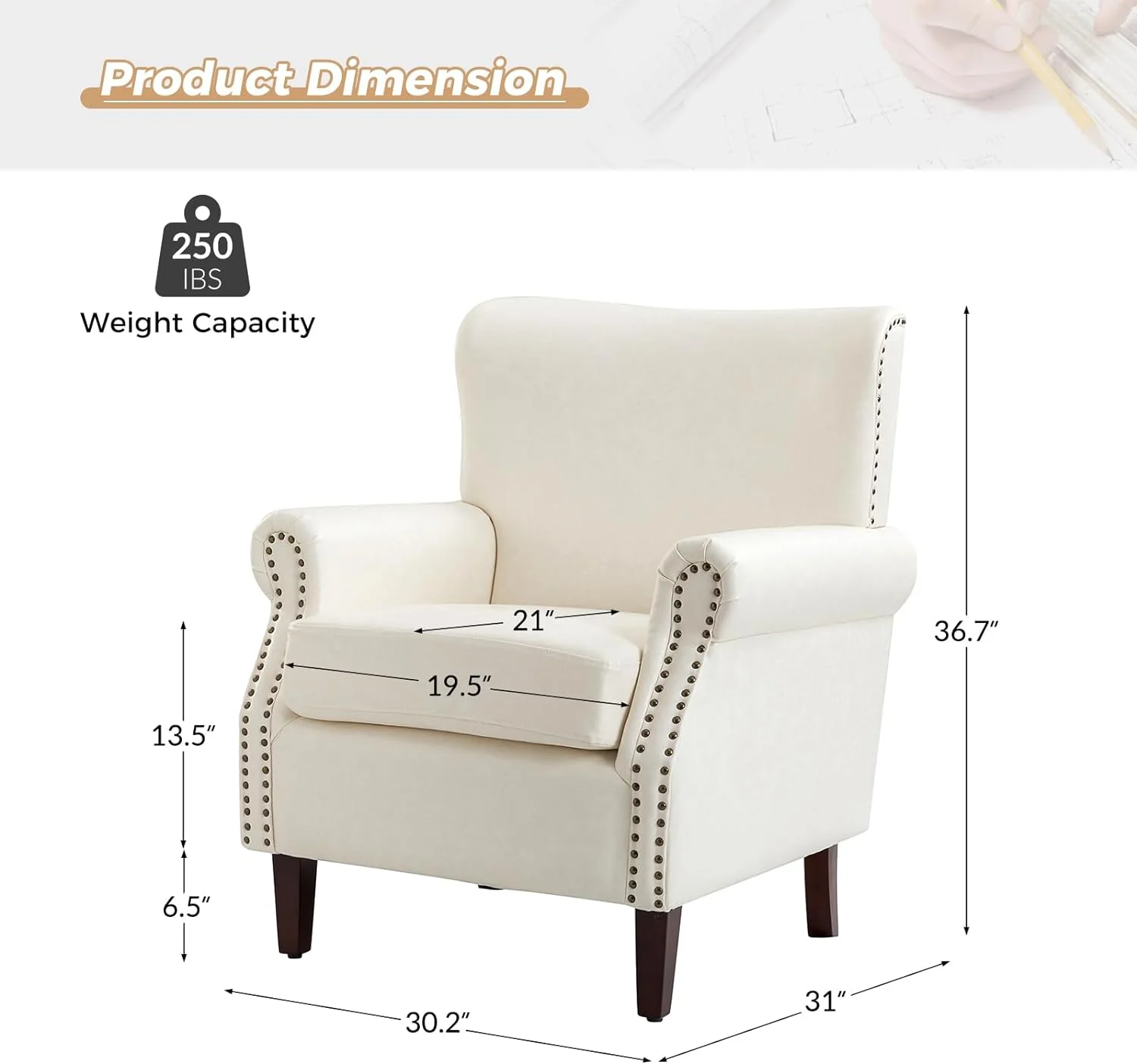 Faux Leather Accent Chair With Rolled Armrests & Nailhead Trim, Comfy Upholstered Living Room Armchair With Removable Cushion, Traditional Single Sofa Chair For Bedroom Office, Ivory