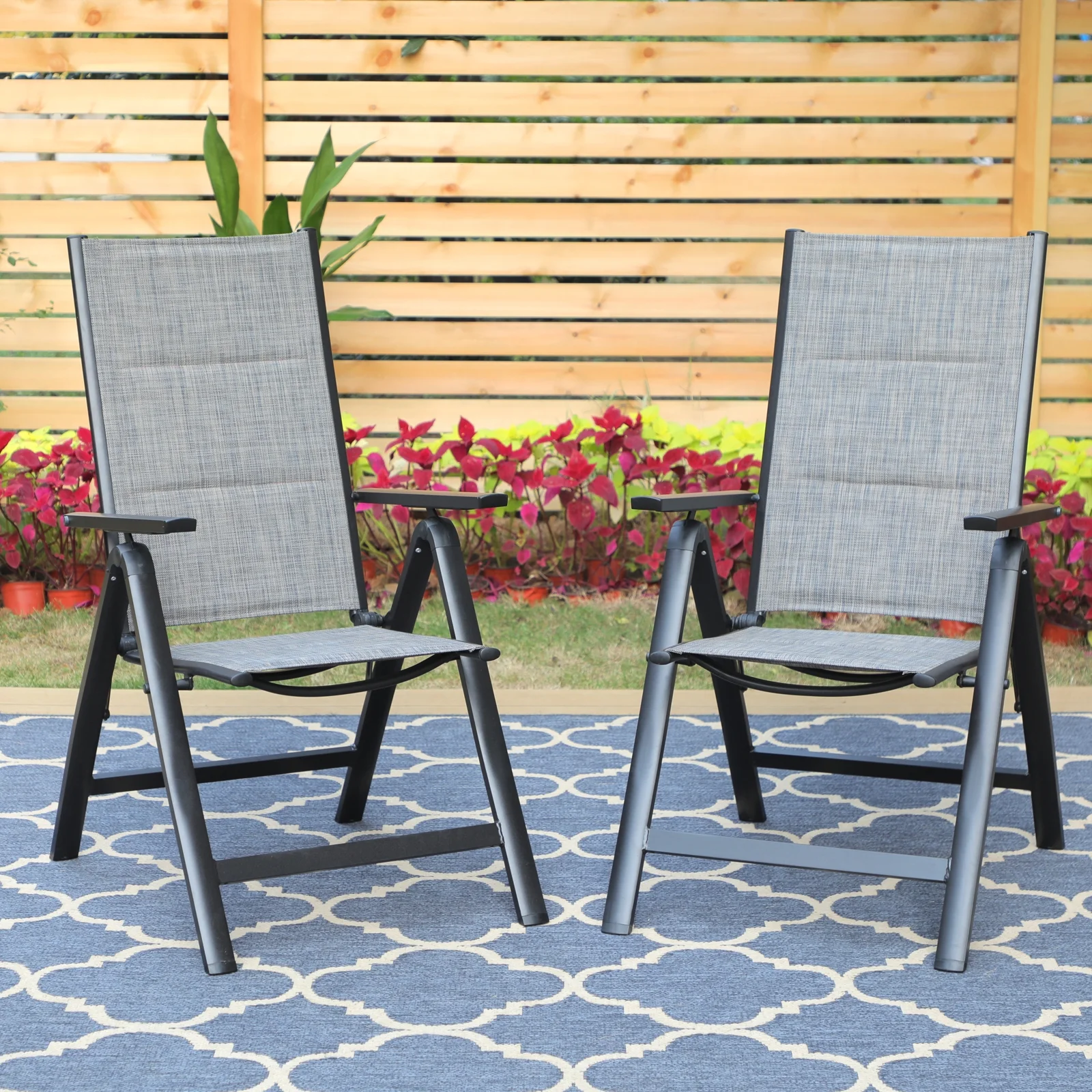 MF Studio Set of 2 Aluminum Outdoor Patio Folding Sling Chairs with 7-Level Adjustable Back&Padded Seat, Gray&Black