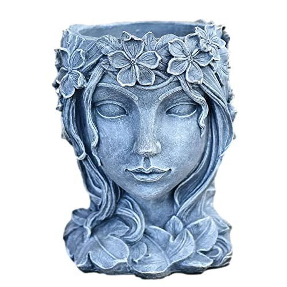 Creative Goddess Head Planter Statue | 7.9 Inch Premium Resin | Cool Face Large Diameter Flower Pot for Patio Lawn Garden Yard Decor