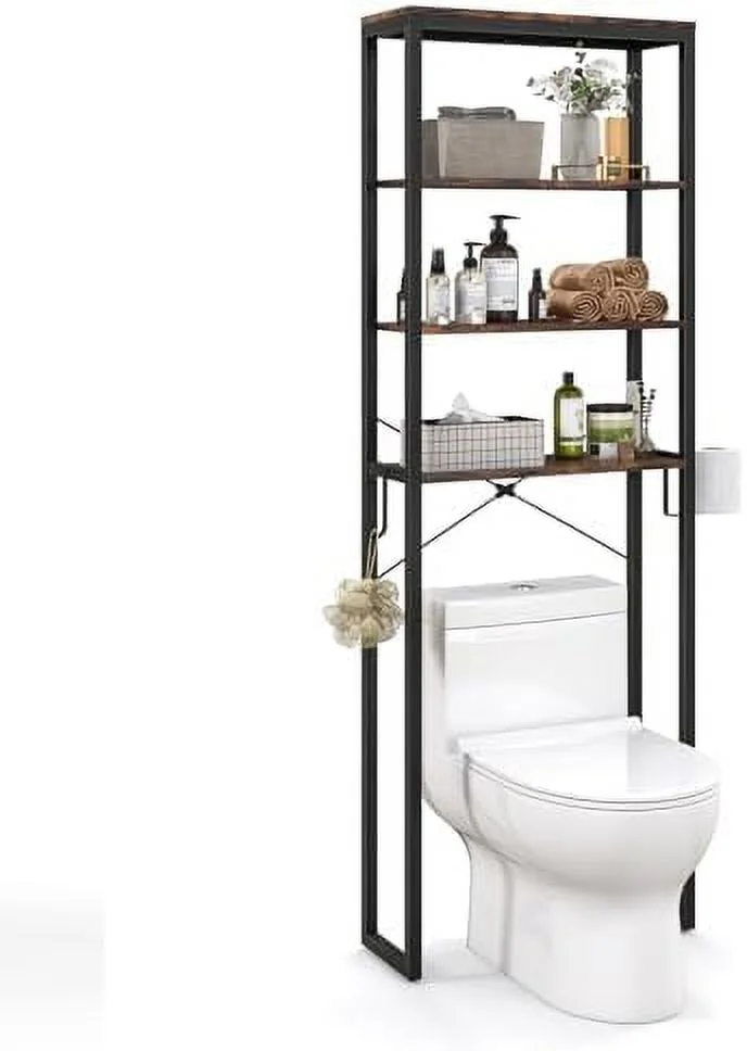 TQSBRZJ Over The Toilet  Rack  70 Inch Tall Bathroom Space Saver w/Metal Frame  Anti-Tipping Devices & Adjustable Feet Pads  Freestanding Bathroom Organizer Above Toilet  Rustic Brown