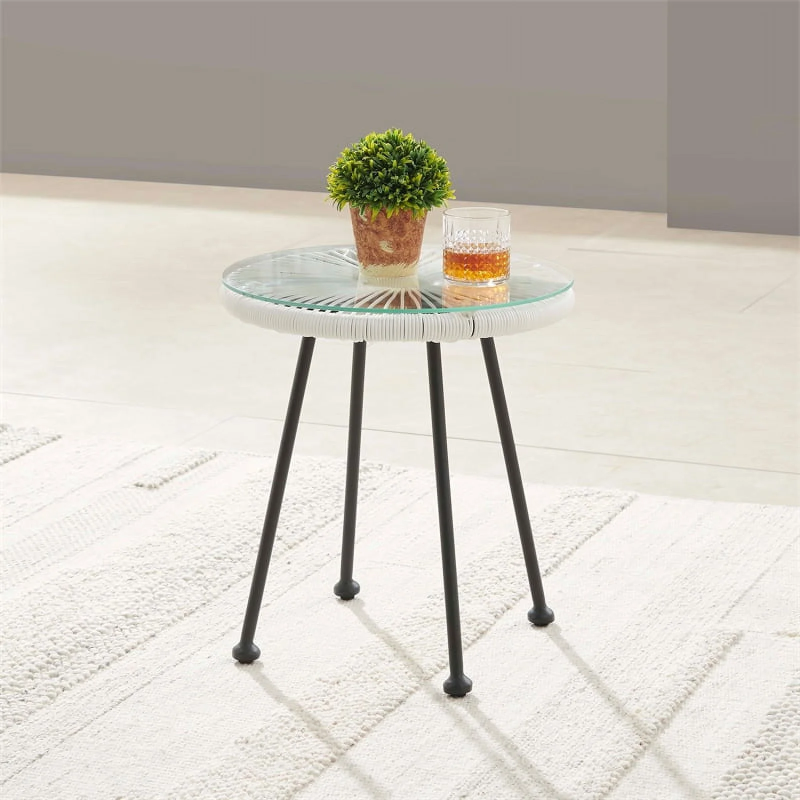 Linon Tallie Outdoor Round Side Table White Wicker Top and Steel Legs in Black