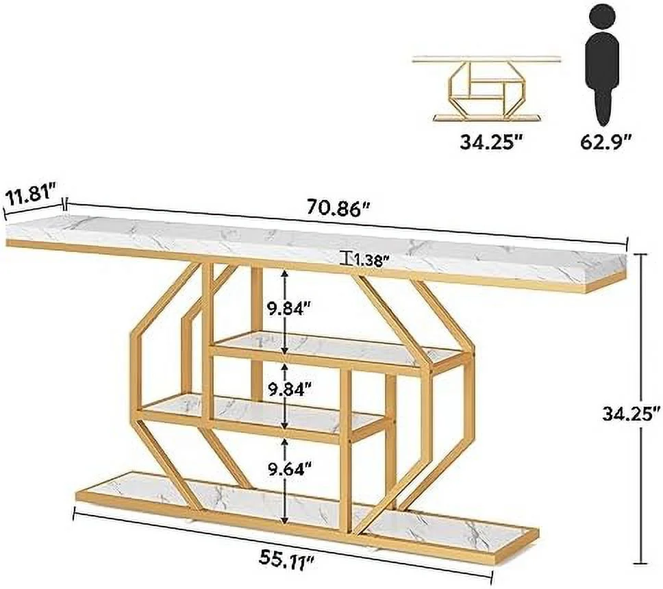 WTYNKAE 70.9 inch Extra Long Console Table  Modern Gold Sofa Table Behind Couch with   4 Tier Entryway Accent Table for Living Room  Hallway  Entrance  Faux Marble White