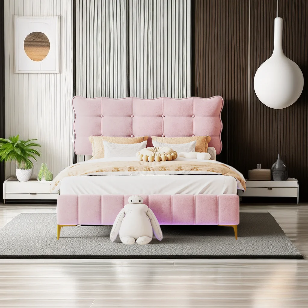 Full Size Velvet Upholstered Platform Bed with LED Frame and Stylish Mental Bed Legs with Cute Marshmallow Headboard No Box Spring Needed, No Noise, for Girls,Boys,Kids,Teens, Adults
