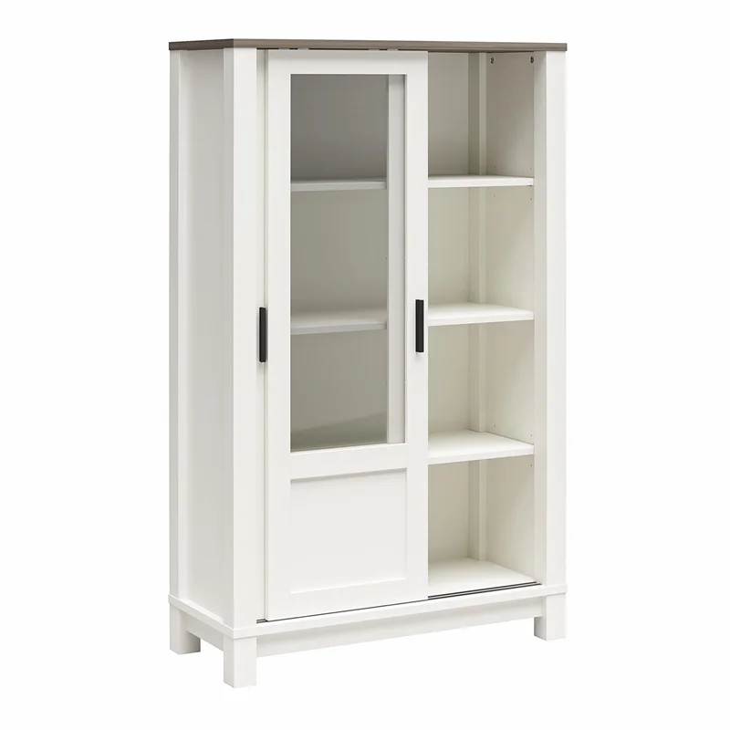 Pemberly Row Rustic Farmhouse Bookcase Cabinet - White w/Brown Oak
