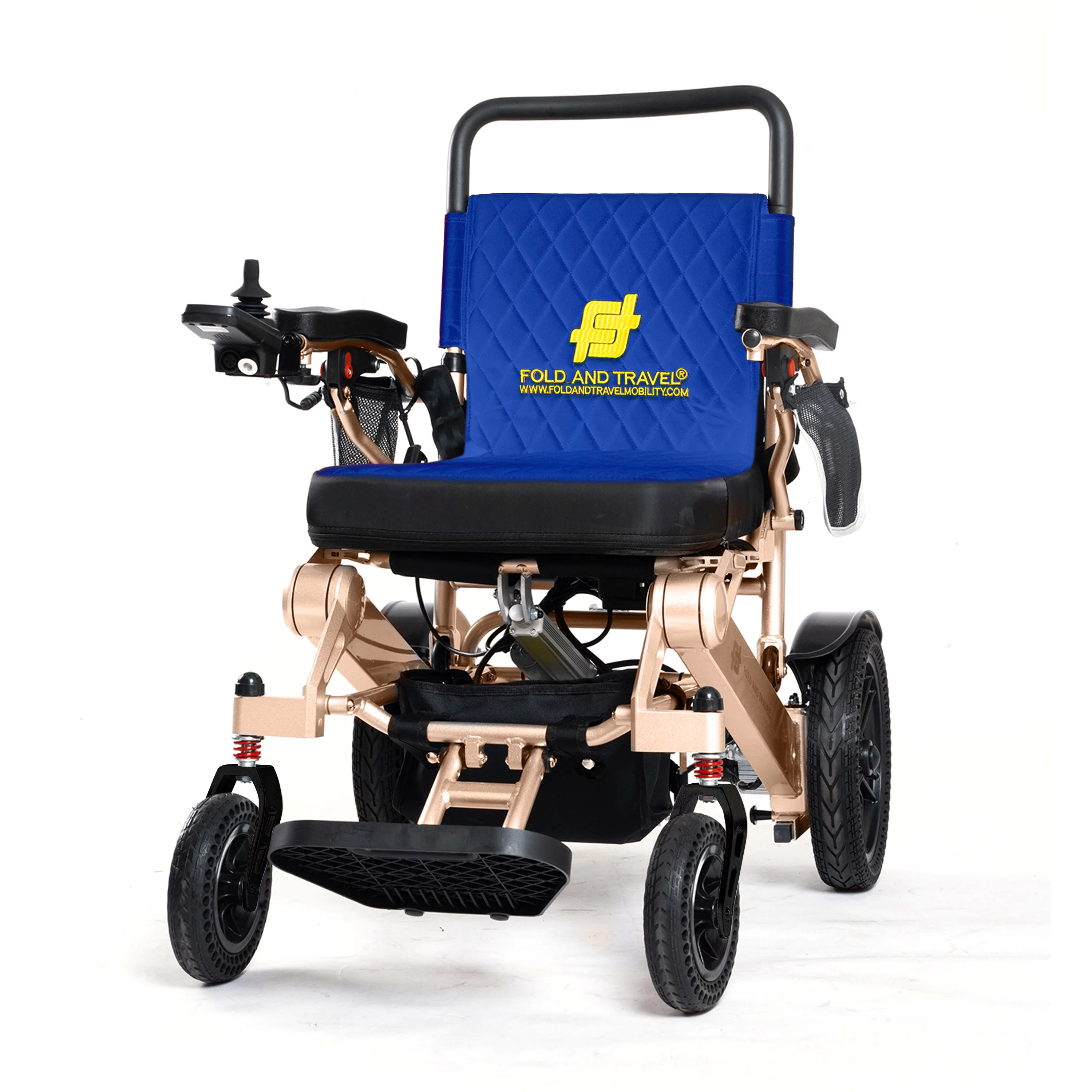 Fold And Travel Auto Fold Remote Control Light weight Portable Electric Power Wheel chair - Blue Seat, Gold Frame