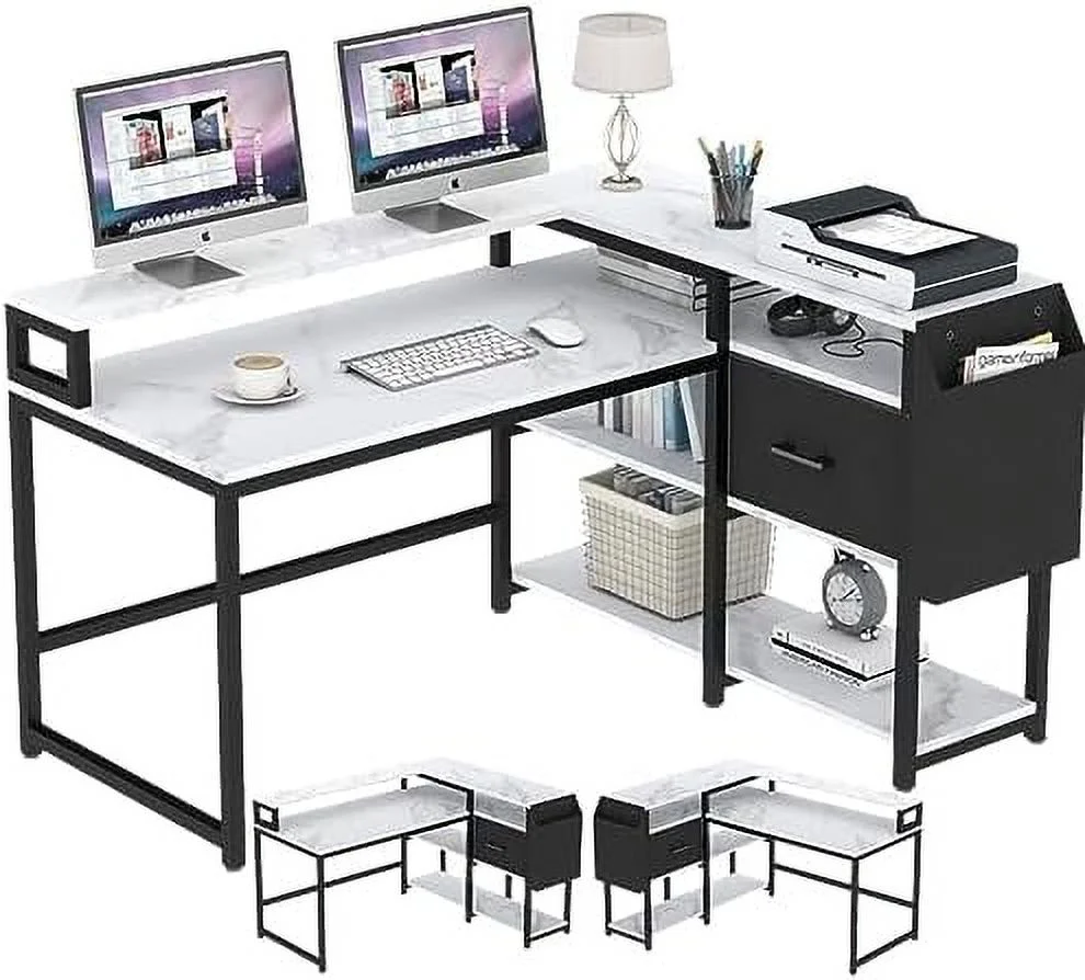 HYHBIBOOM L Shaped Computer Desk with Power Outlets  55"x41"D Reversible Corner Desk with LED Light  Drawer & Monitor Stand  Home Office Gaming Desk with 4 Tier  Shelves &