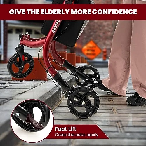 S AFSTAR 3 Wheels Rollator Walker, Folding Mobility Aid Walker w/Adjustable Handle, Storage Bag, Brakes, Lightweight Rolling Walker for Seniors Elderly, Aluminum Frame Supports up to 300 lbs (Red)