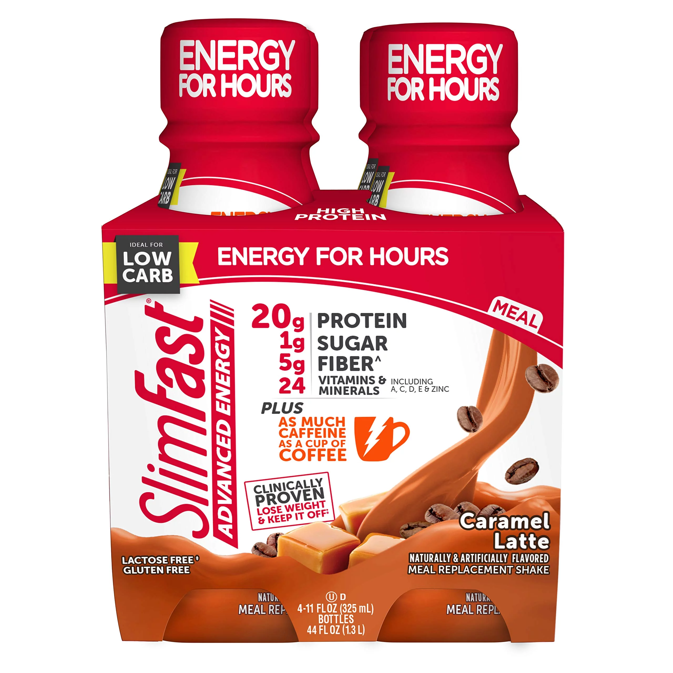 Slimfast Advanced Energy High Protein Meal Replacement Shake, Caramel Latte, 20G Of Ready To Drink Protein With Caffeine, 11 Fl. Oz Bottle, 4 Count