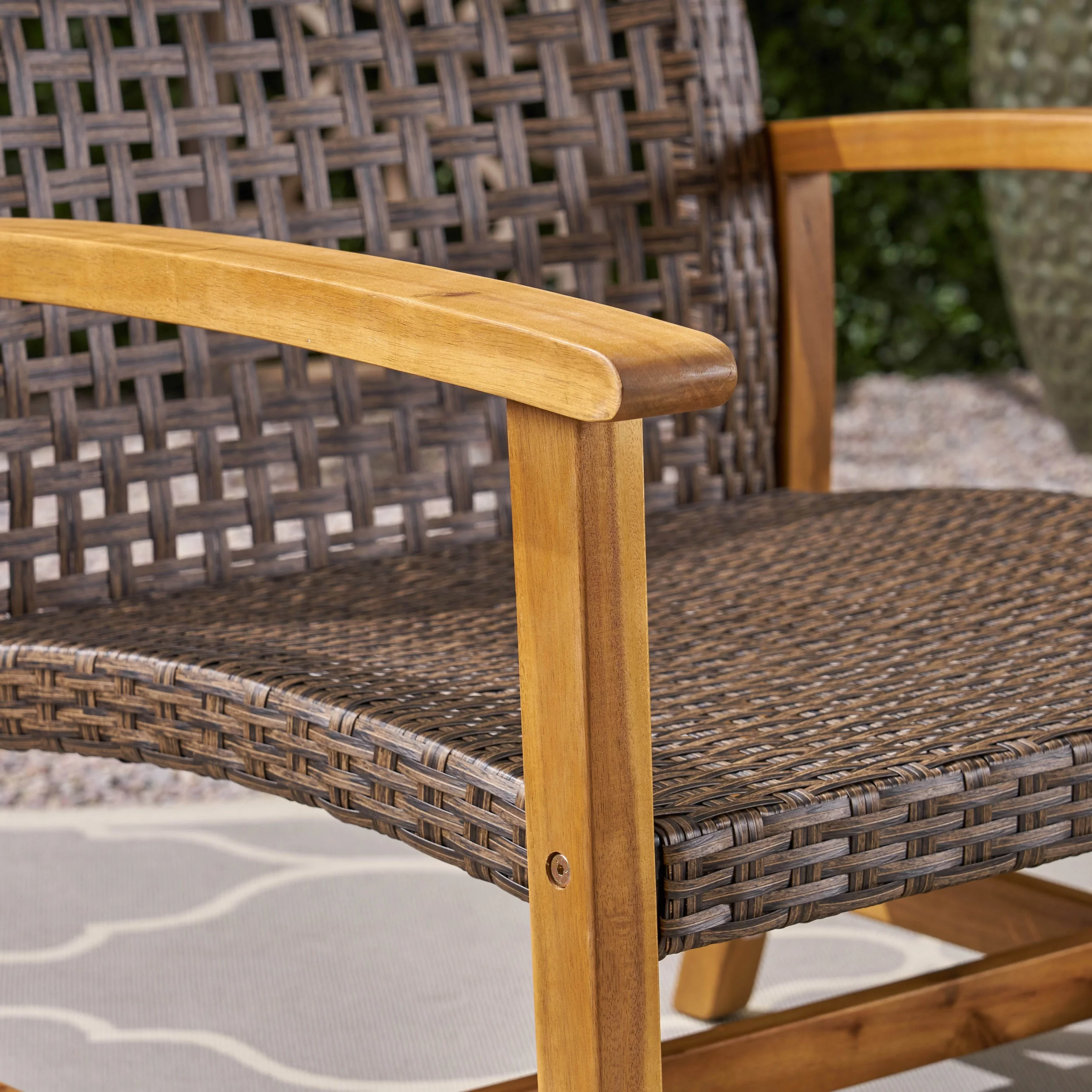 Camdyn Outdoor 3 Piece Wood and Wicker Club Chairs and Side Table Set, Mixed Mocha