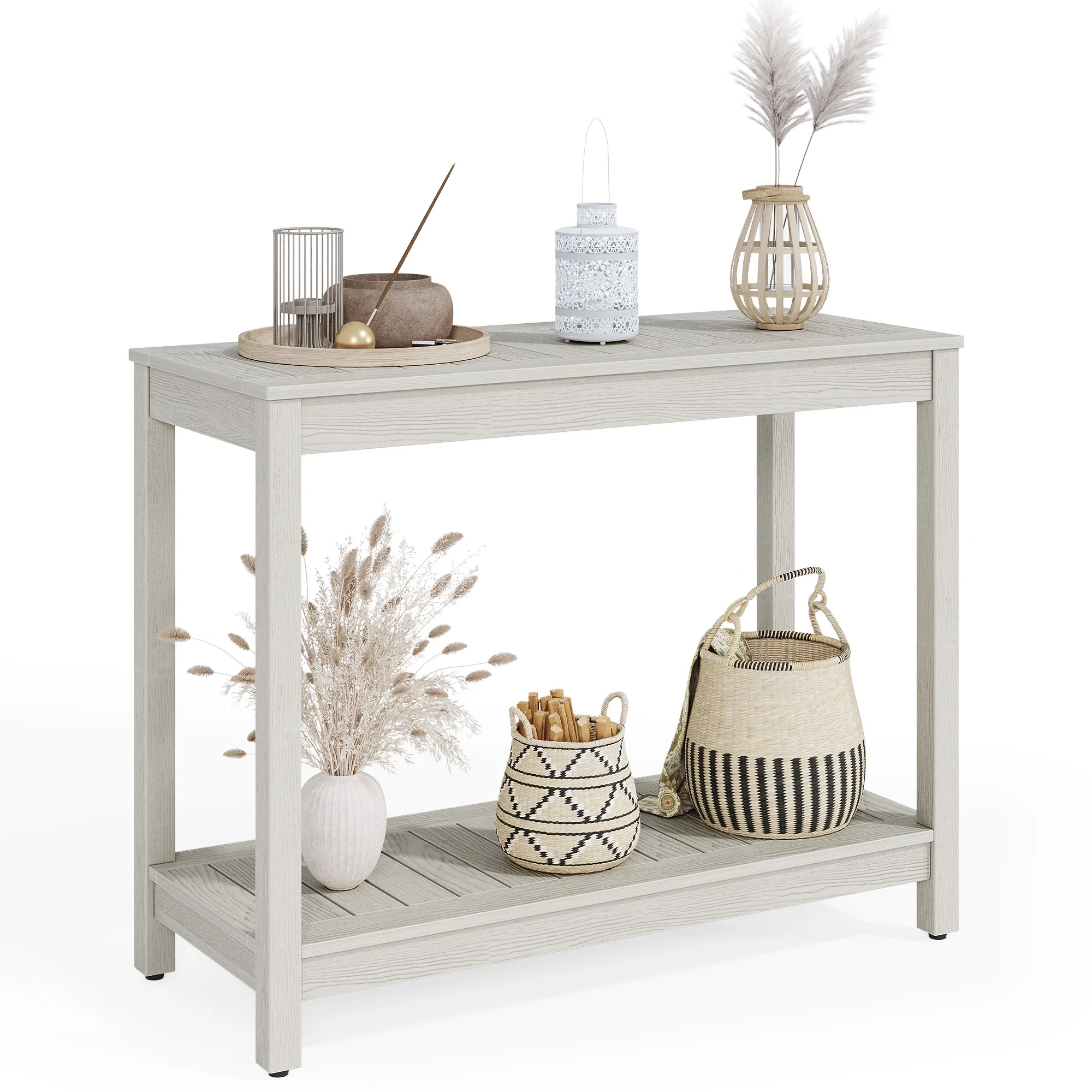 Dextrus 38.3in Modern Farmhouse Entryway Table, Wood Outdoor Console Table with Storage Shelves, Grey Wash