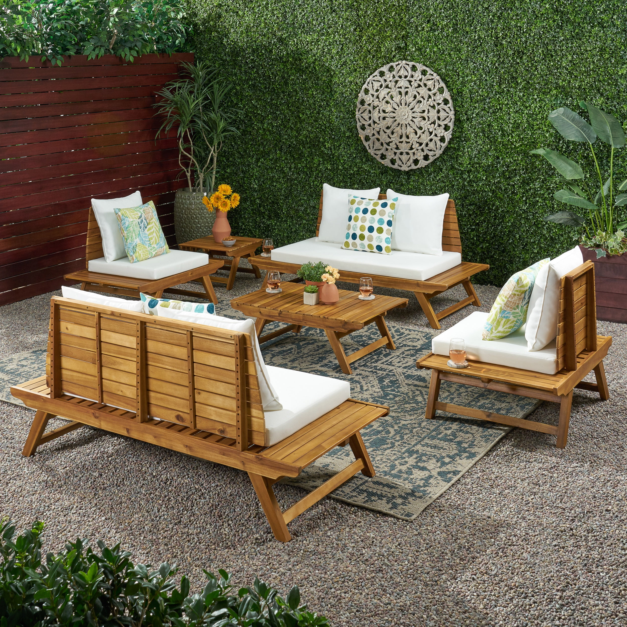 Ledger Outdoor Acacia Wood 6 Seater Chat Set with Side Table and Coffee Table, Teak and White