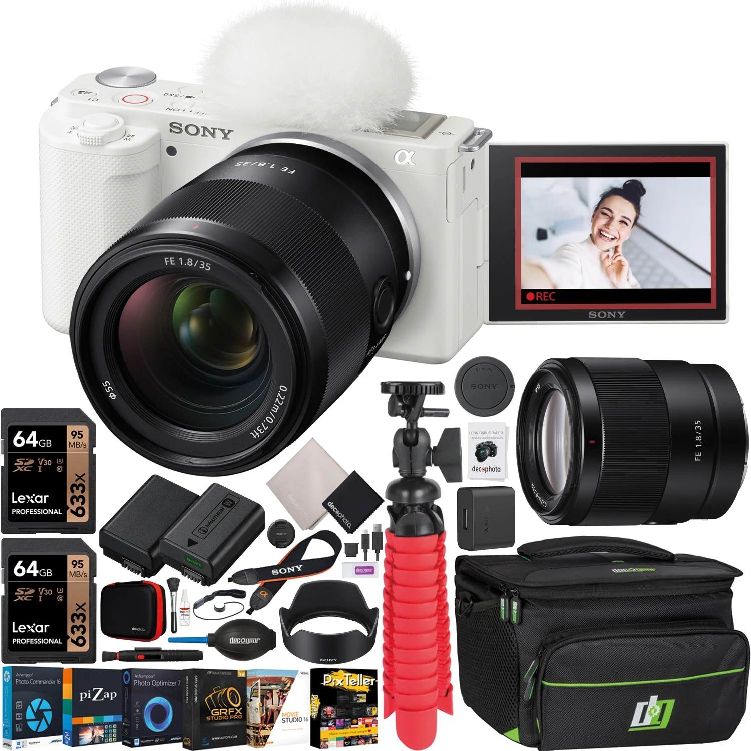 Sony ZV-E10 Mirrorless Alpha APS-C Vlog Camera Body and 35mm F1.8 Large Aperture FE Lens SEL35F18F ILCZV-E10/W White Bundle with Deco Gear Case + Extra Battery + Photo Video Accessories Kit