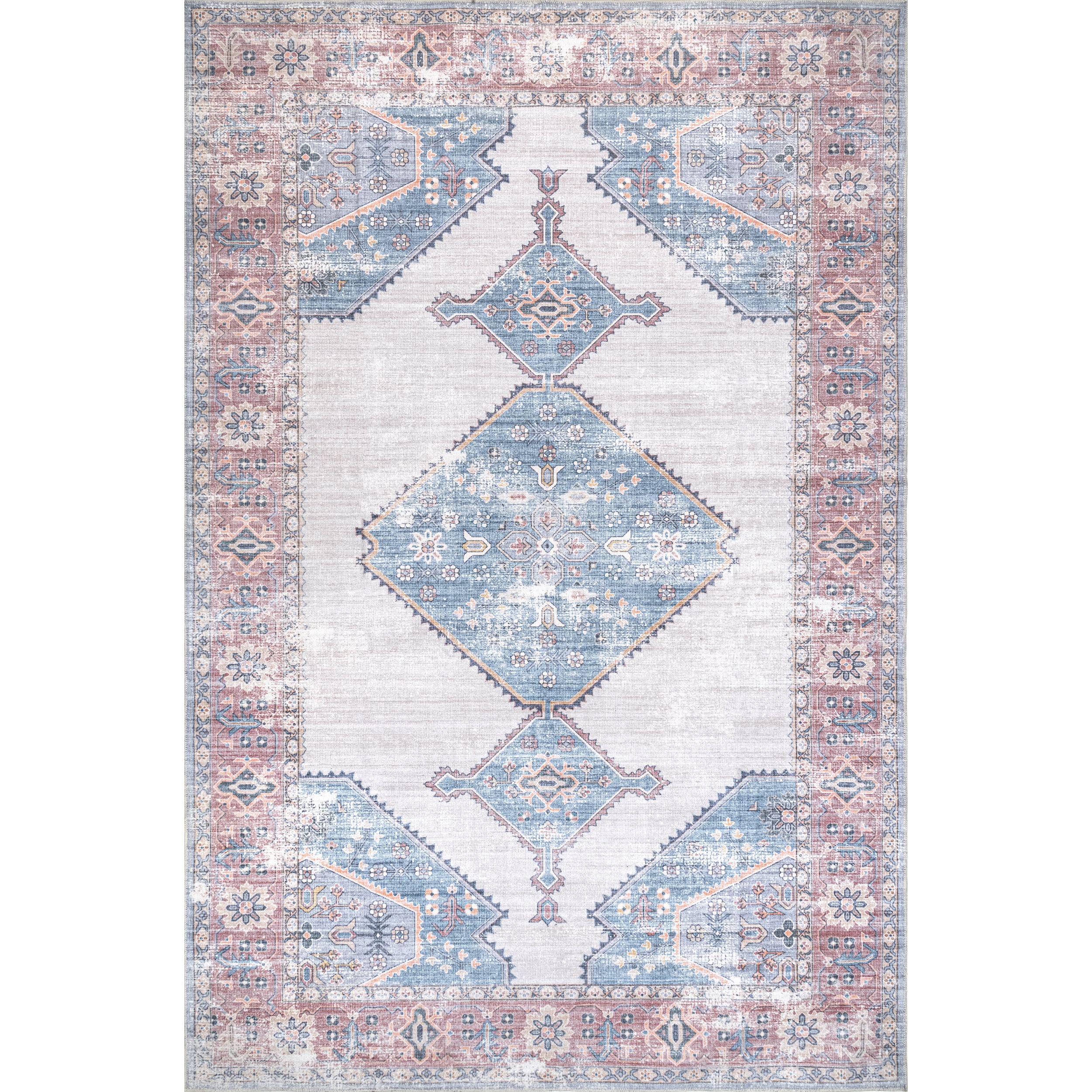 nuLOOM Olga Machine Washable Distressed Vintage Medallion Area Rug, 8' x 10', Blue