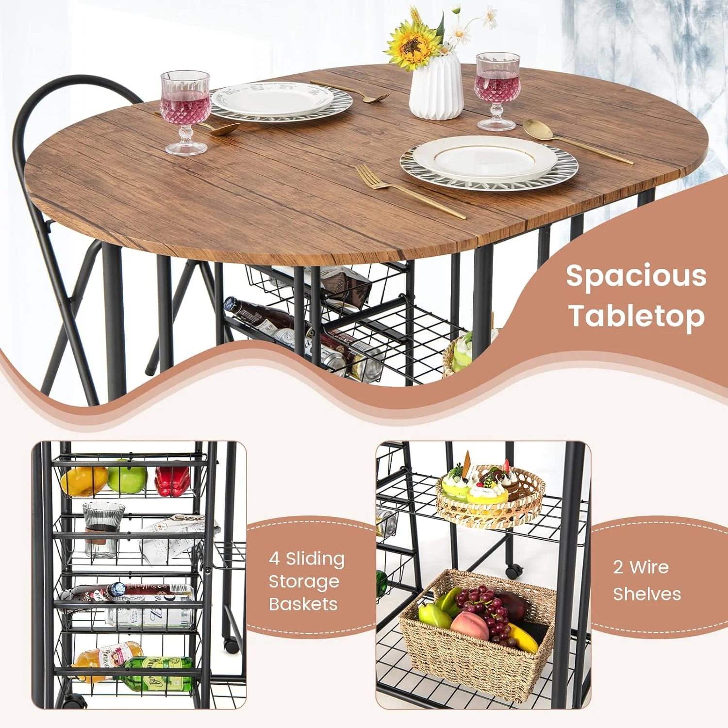 TJUNBOLIFE 3PCS Counter Height Table Set  Drop Leaf Dining Table & 2 Foldable Stools   with  & 6 Wheels  Industrial Space Saving  Set for Kitchen Dining Room