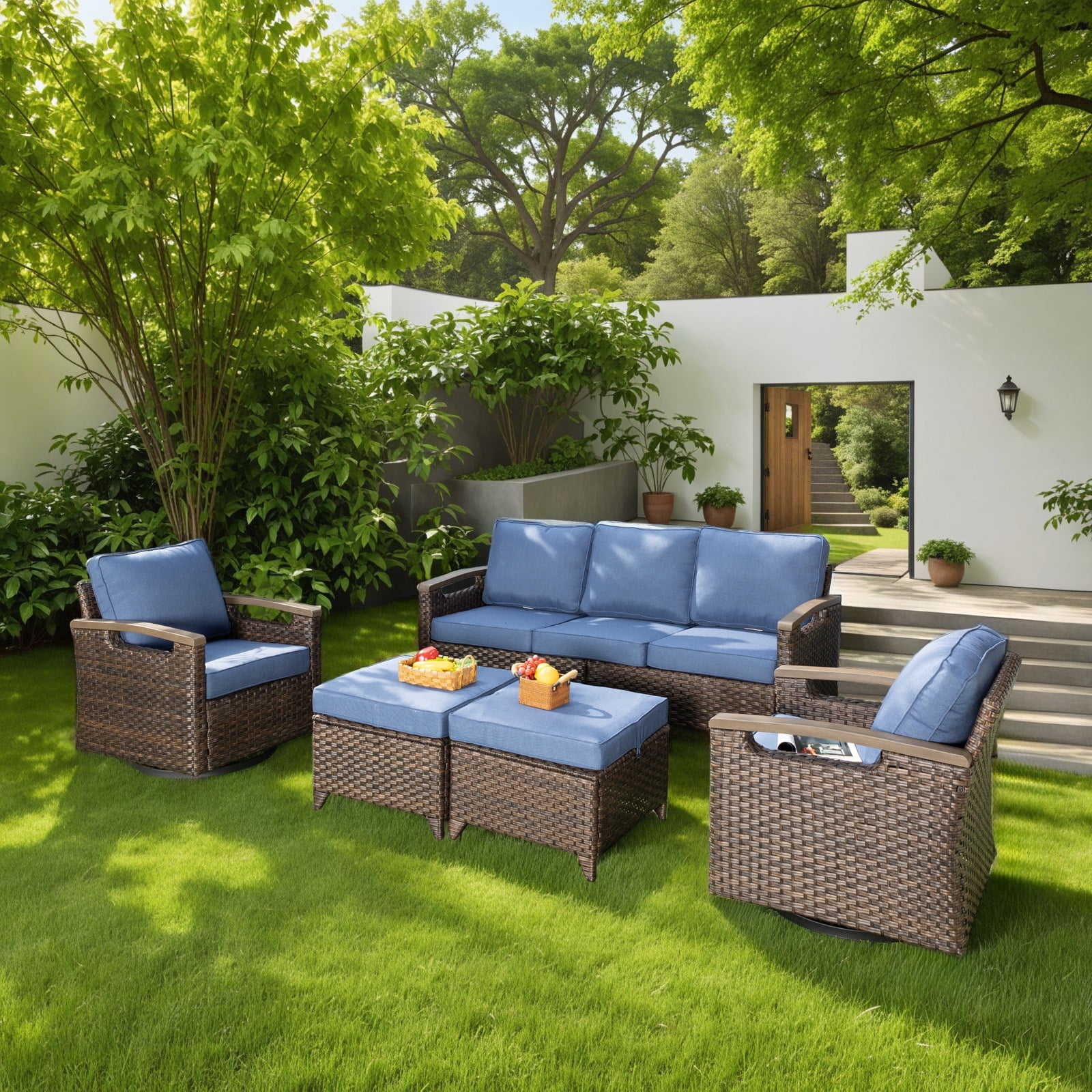 Buenhomino Patio Furniture Swivel Rocker Chair Sets 5 Pieces All-Weather Wicker Outdoor Conversation Set Outside Rattan Sectional Sofa with Ottoman, Navy Cushion for Balcony Backyard