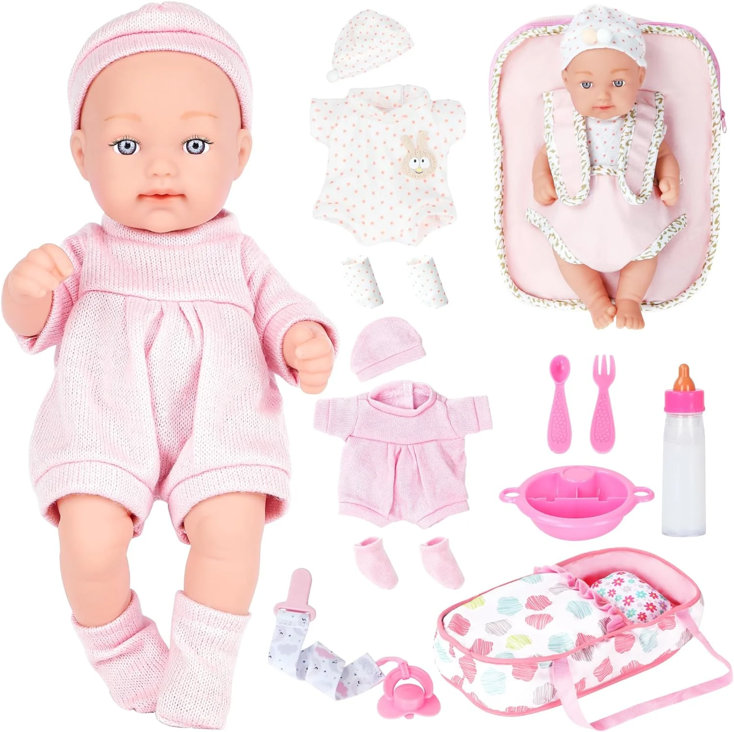 Baby Doll with Bassinet Bed and Doll Accessories, Reborn Alive Doll Includes Clothes, Pacifier, Bowl & Cutlery, Feeder, Backpack Carrier, First Baby Dolls for Toddlers 36 Months and Up