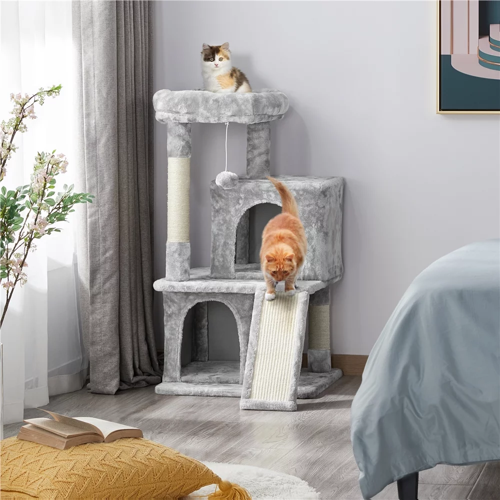 Easyfashion Multilevel Plush Cat Tree with Double Condos and Furry Ball,Light Gray