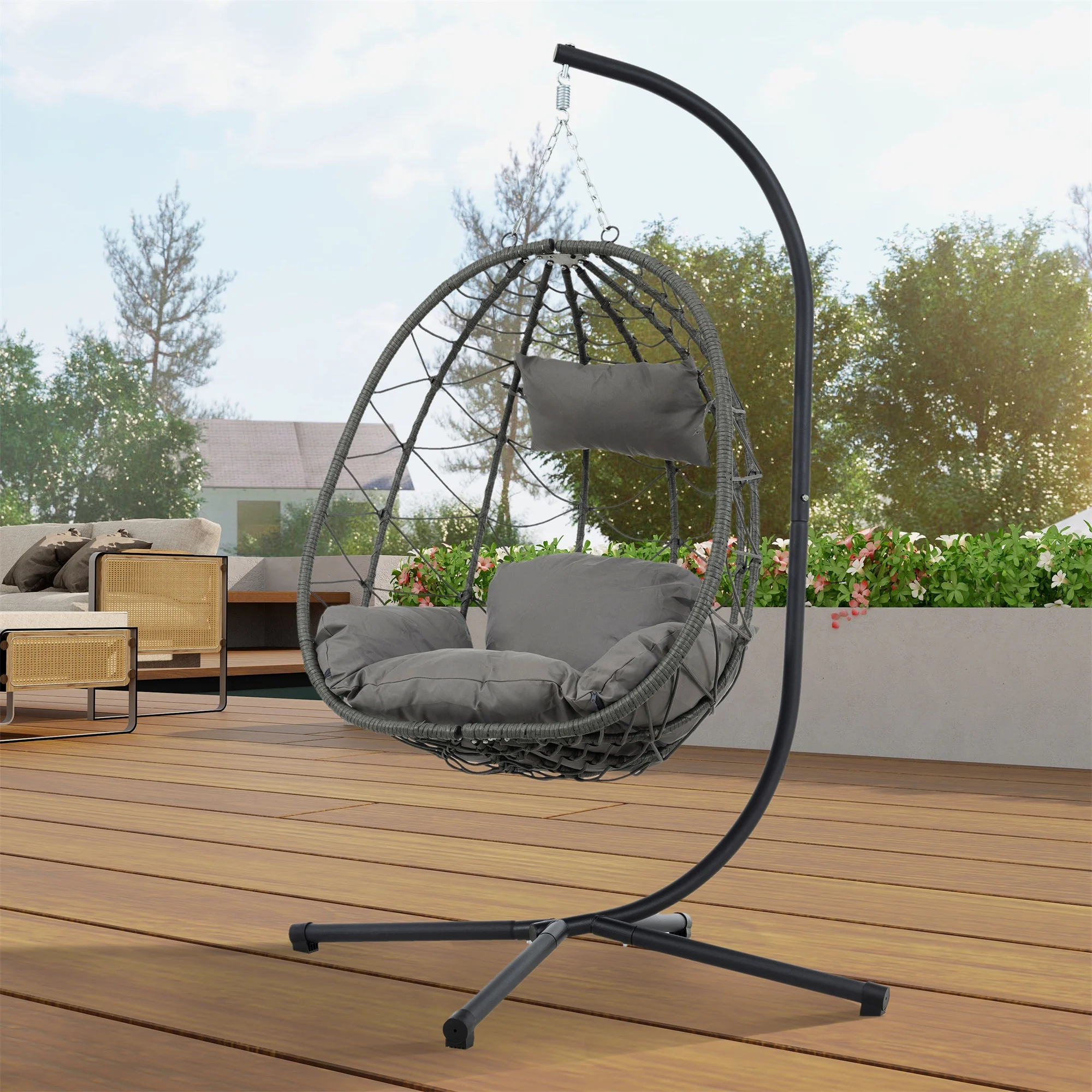 Highsound Egg Hanging Chair with Stand, Patio Wicker Swing Egg Chair Indoor Swinging Chair Outdoor Hammock Egg Chair for Patio Bedroom Balcony, Dark Grey