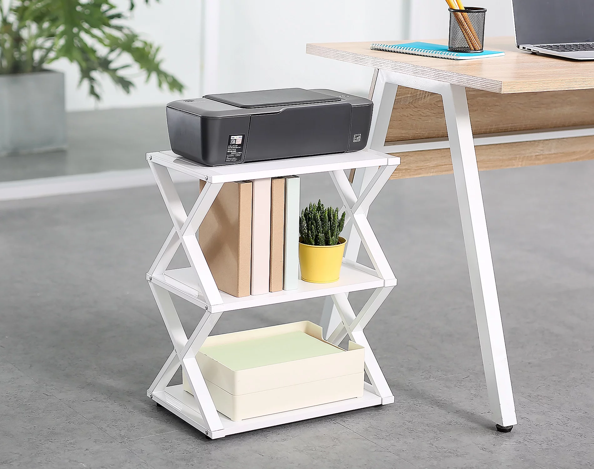 FITUEYES Mobile Printer Stand 3 Tiers Wood/Metal Desk Organizer Storage Book Shelf with Skid Pads for Home and Office, White, DO304505WW