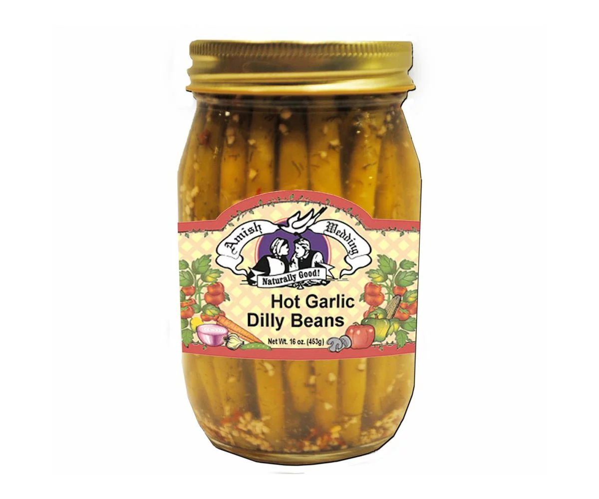 Amish Wedding Foods Pickled Hot Garlic Dilly Beans, 2-Pack 16 oz. Jars