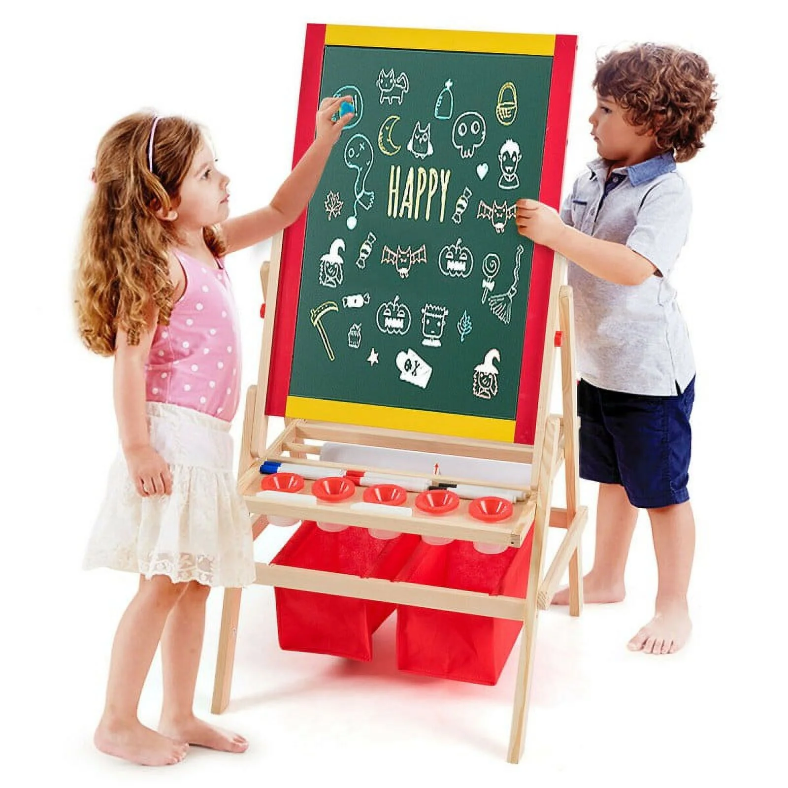 Art Easel for Kids, Fremo Wooden Painting Chalkboard & Dry Erase Whiteboard Toddler Drawing Easel Stand with Art Accessories Set, Fremo