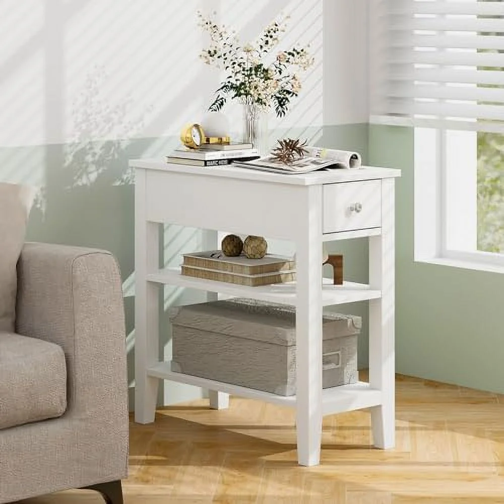 JDZHAPPYLIFE Night Stand End Tables with  Drawer and 2 Tiers   23.6"  Bookshelf for Bedroom  Living Room  Easy Assembly (White)