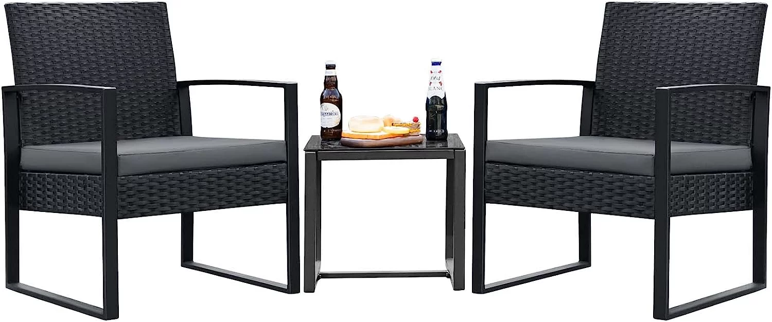 3 Pieces Patio Set Outdoor Wicker Patio Furniture Sets Modern Bistro Set Rattan Chair Conversation Sets with Coffee Table for Yard and Bistro (Grey)