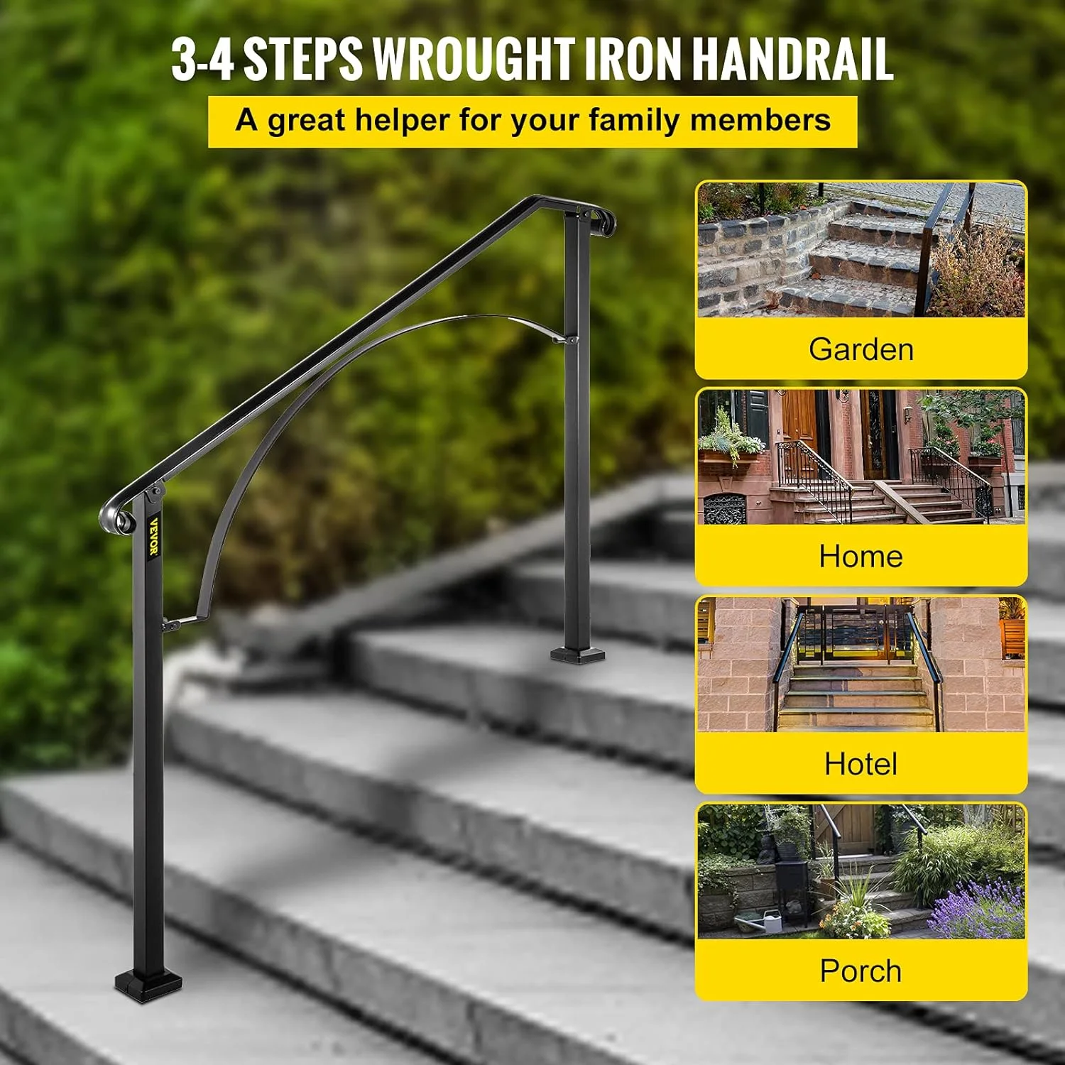 OUWI Handrail for Outdoor Steps, 3-4 Steps Arch#2 Outdoor Handrail, Adjustable Wrought Iron Staircase Handrail, Thickened Stair Railings for Porch Railing, Deck Handrail