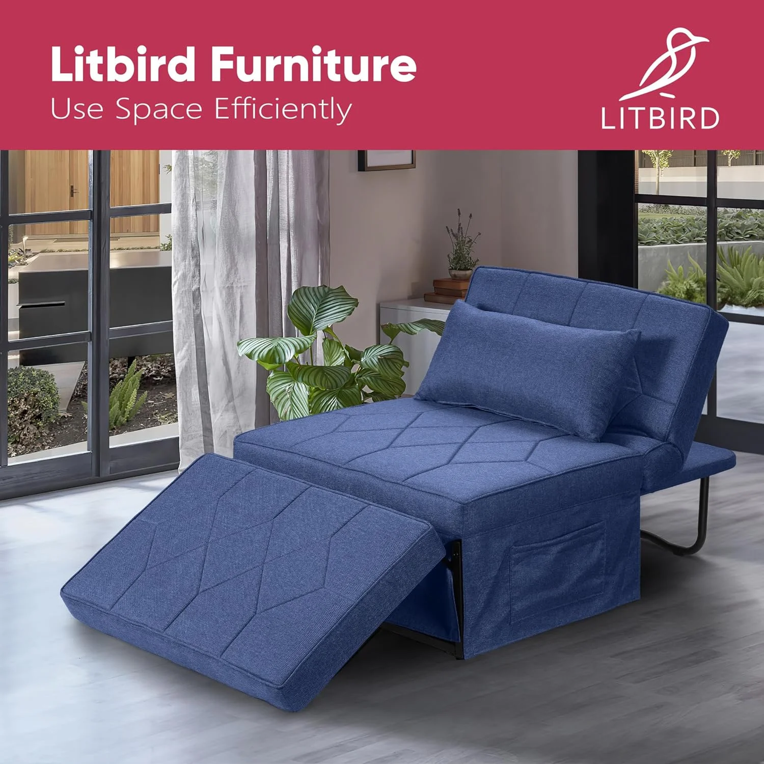 Folding Ottoman Sofa Bed, Convertible Chair 4 In 1 Multi-Function Ottoman, Couch Bed With 6 Position Adjustable Backrest, Imitation Flannel,