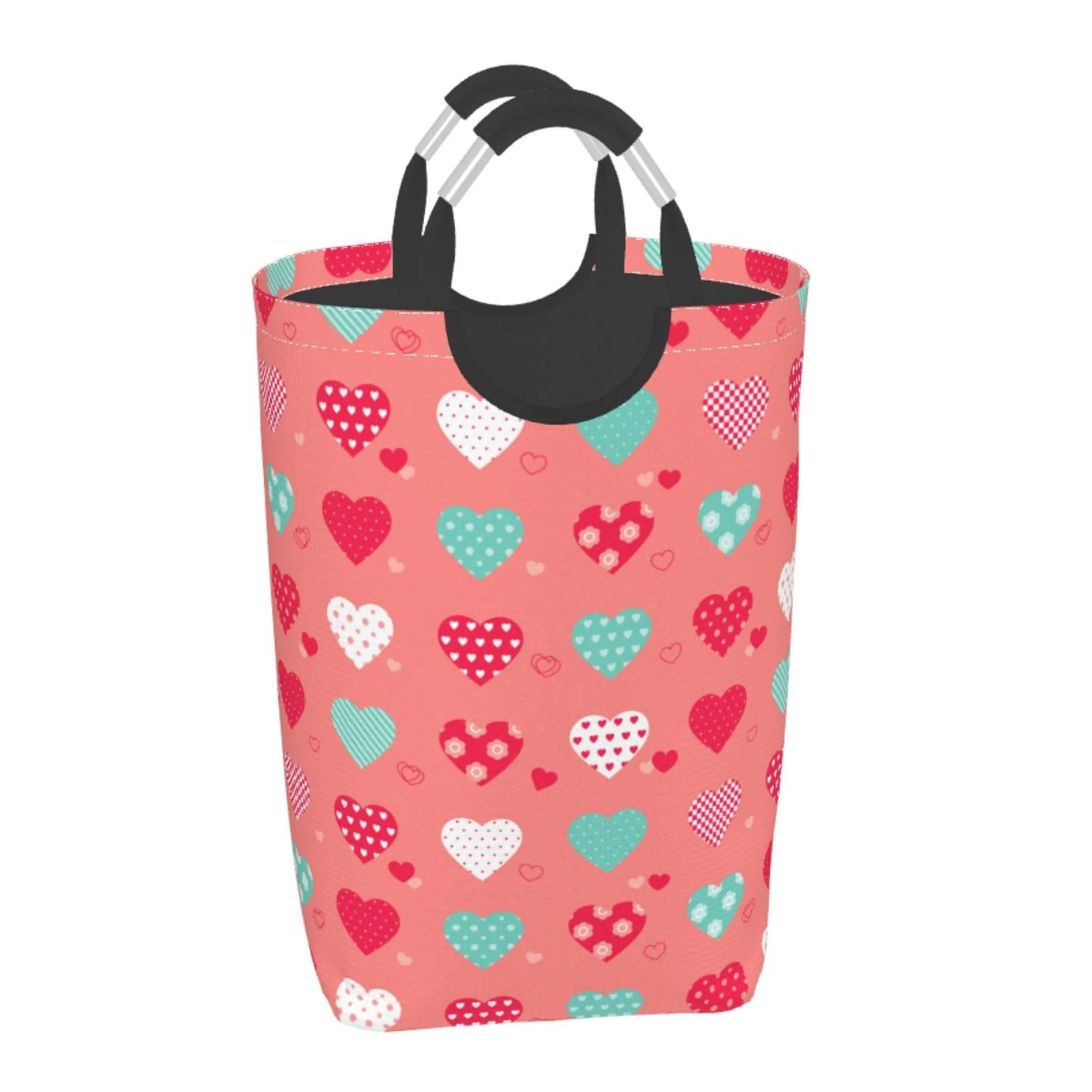 TEQUAN 50L Large Rectangular Laundry Hamper with Aluminum Handles, Pink Cute Hearts Prints Waterproof Foldable Dirty Clothes Basket
